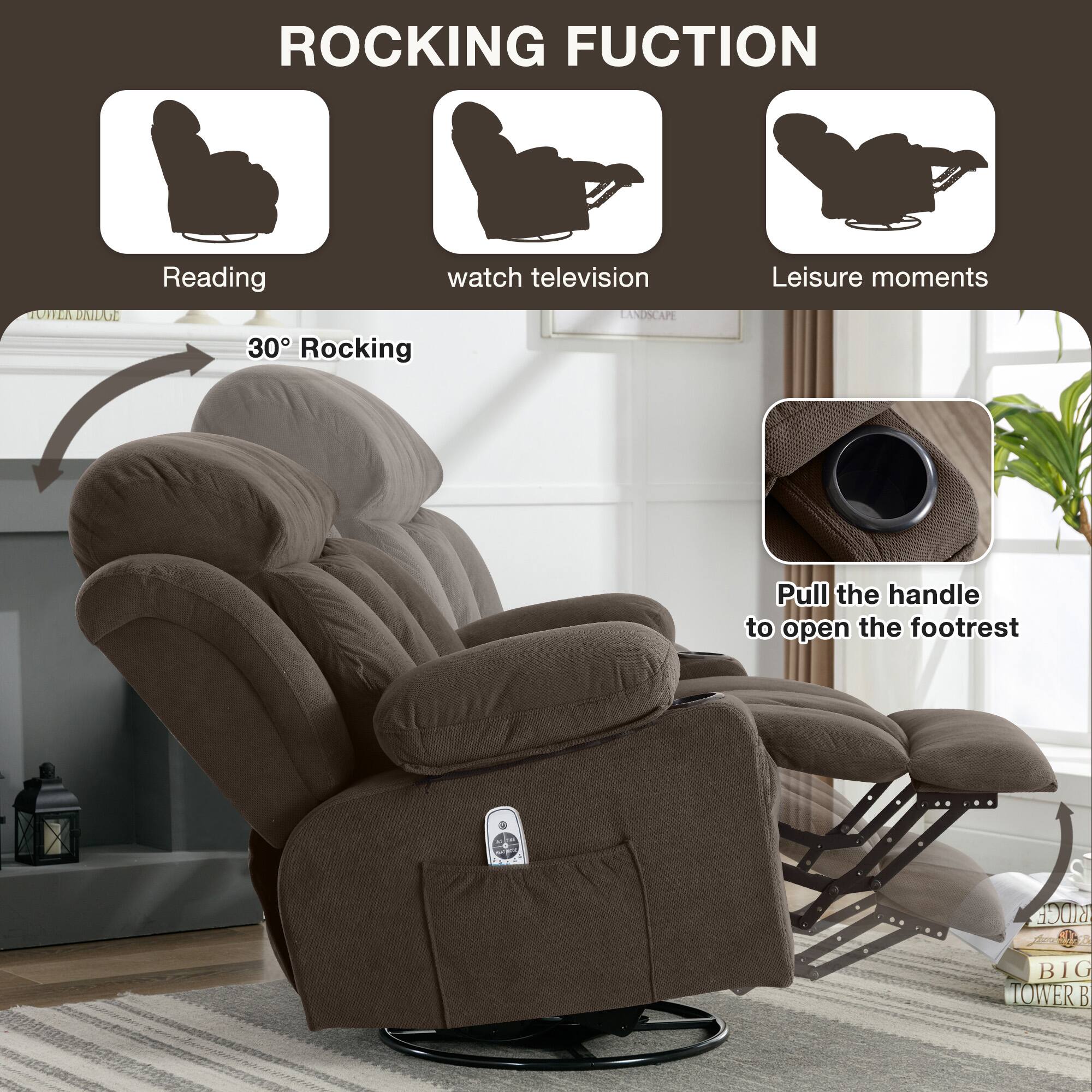 ROCKING FUNCTION

- Reading
- watch television
- Leisure moments

30° Rocking

Pull the handle to open the footrest

BIG TOWER