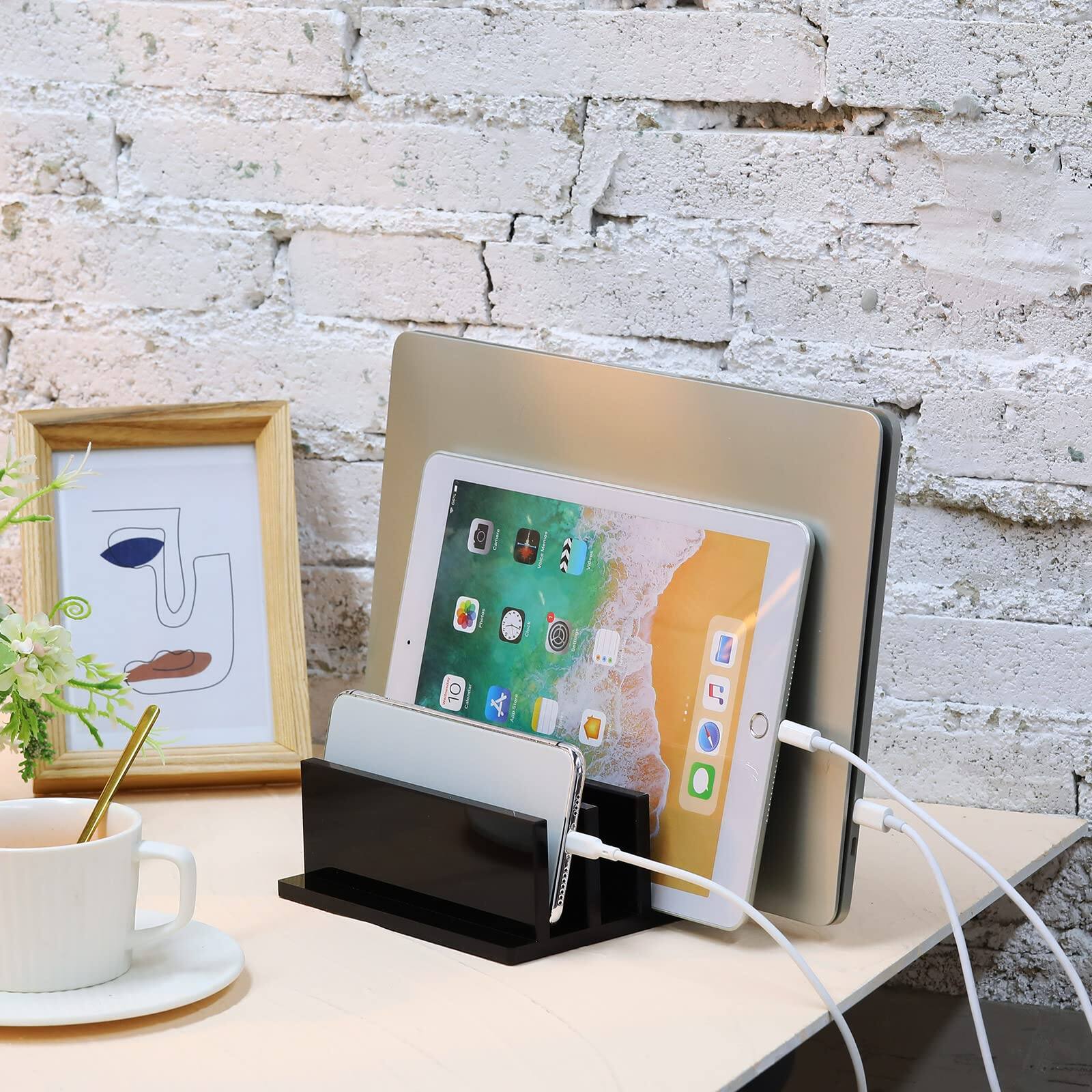 Back. HongFei - 1 Piece 4-Compartment Acrylic Vertical Laptop Stand, Fits Laptops Less Than 2 cm Thick (Black) - Black.