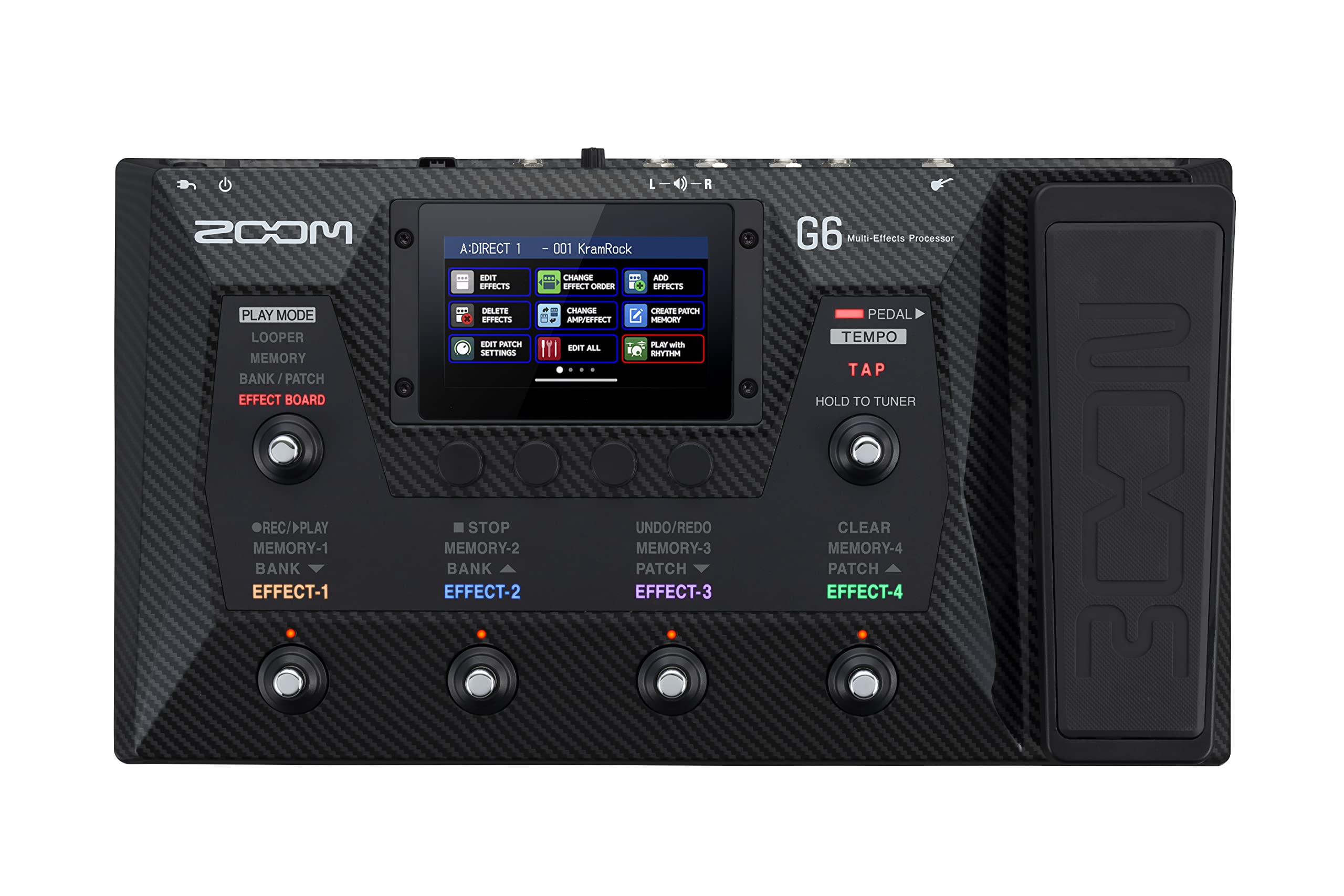 Sure, here is the corrected and grouped text from the image:

**Top Left Section:**
- ZOOM
- PLAY MODE
- LOOPER
- MEMORY
- BANK / PATCH
- EFFECT BOARD

**Top Center Section:**
- A:DIRECT 1 - 001 KramRock
- EDIT
- CHANGE EFFECTS
- ADD EFFECTS
- DELETE EFFECTS
- CHANGE EFFECT ORDER
- CREATE PATCH
- EDIT PATCH
- EDIT ALL SETTINGS
- PLAY WITH RHYTHM
- STOP
- UNDO/REDO
- CLEAR MEMORY-4
- MEMORY-1 BANK EFFECT-1
- MEMORY-2 BANK EFFECT-2
- MEMORY-3 PATCH EFFECT-3
- MEMORY-4 PATCH EFFECT-4

**Top Right Section:**
- G6 Multi-Effects Processor
- PEDAL
- TEMPO
- TAP
- HOLD TO TUNER

**Bottom Left Section:**
- REC/PLAY
- MEMORY-1 BANK EFFECT-1

**Bottom Center Section:**
- STOP
- MEMORY-2 BANK EFFECT-2

**Bottom Right Section:**
- UNDO/REDO
- MEMORY-3 PATCH EFFECT-3

**Bottom Far