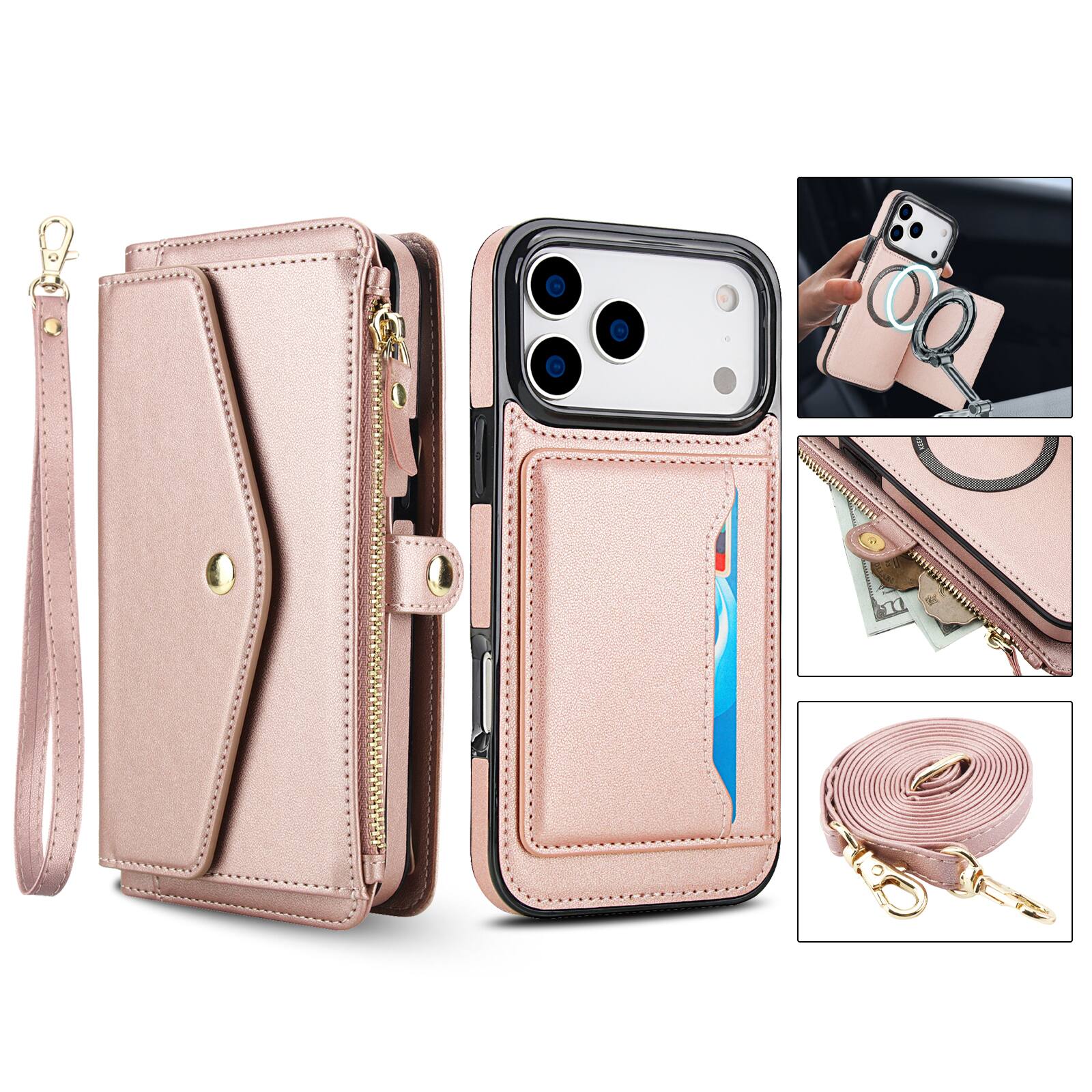 Alt View 4. Dteck - Crossbody RFID Blocking Zipper Wallet Card For iPhone 17 Pro Handbag Magnetic Kickstand Wrist Strap Case - Rosegold.
