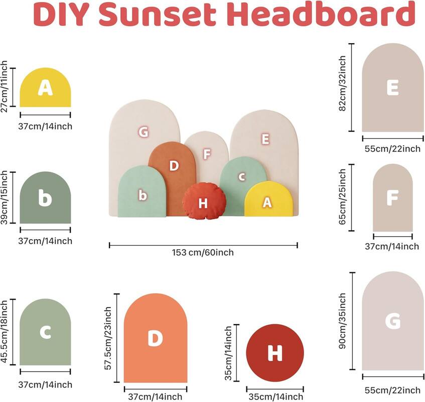 DIY Sunset Headboard

- A: 27cm/11inch x 37cm/14inch
- B: 39cm/15inch x 37cm/14inch
- C: 45.5cm/18inch x 37cm/14inch
- D: 57.5cm/23inch x 37cm/14inch
- E: 82cm/32inch x 55cm/22inch
- F: 65cm/25inch x 37cm/14inch
- G: 90cm/35inch x 55cm/22inch
- H: 35cm/14inch x 35cm/14inch

Total width: 153cm/60inch