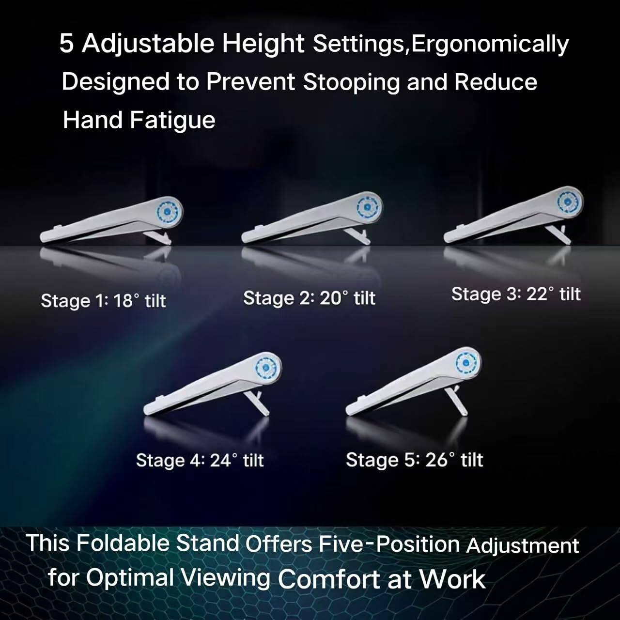 5 Adjustable Height Settings, Ergonomically Designed to Prevent Stooping and Reduce Hand Fatigue

Stage 1: 18° tilt  
Stage 2: 20° tilt  
Stage 3: 22° tilt  
Stage 4: 24° tilt  
Stage 5: 26° tilt  

This Foldable Stand Offers Five-Position Adjustment for Optimal Viewing Comfort at Work