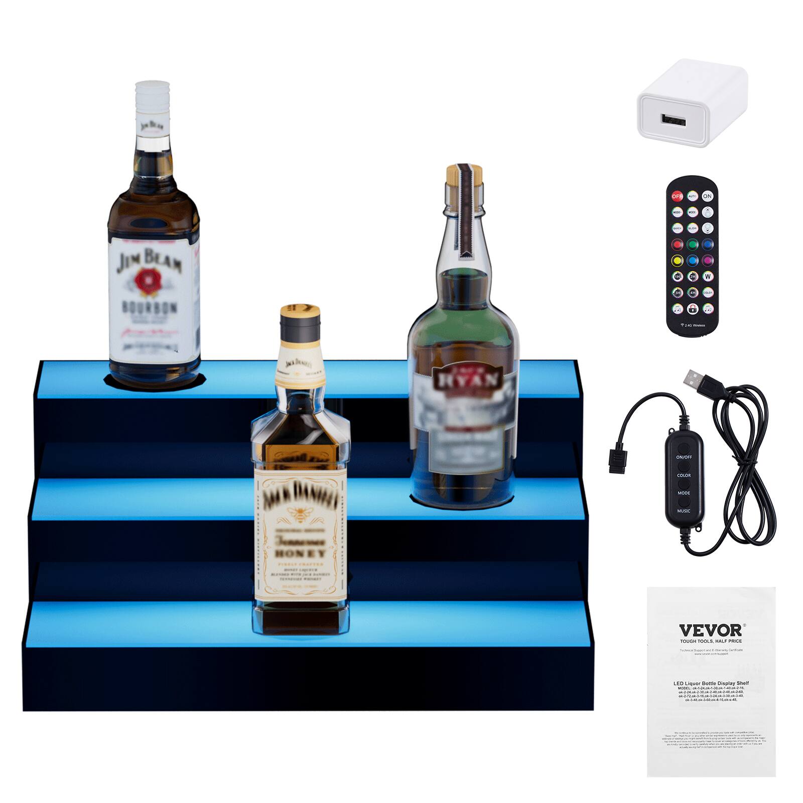 Sure, here is the corrected and grouped text from the image:

---

**Jim Beam Bourbon**

**Jim Beam Honey**

**VEVOR**

TOUCH TOUCH, FULLY PRECISE

LED Laser Bottle Display Shelf

---

**Remote Control**

**Power Adapter**

**USB Cable**

---

**Note:** The text "JIN BEAN BOURBON A - . - . . a | i NET cOLAN - -  : | : : I - : I : VEVOR -o FOOL E PRILS . .O - - Cpins .o. - - - I : I :" seems to be a mix of unrelated characters and does not correspond to any visible text in the image.