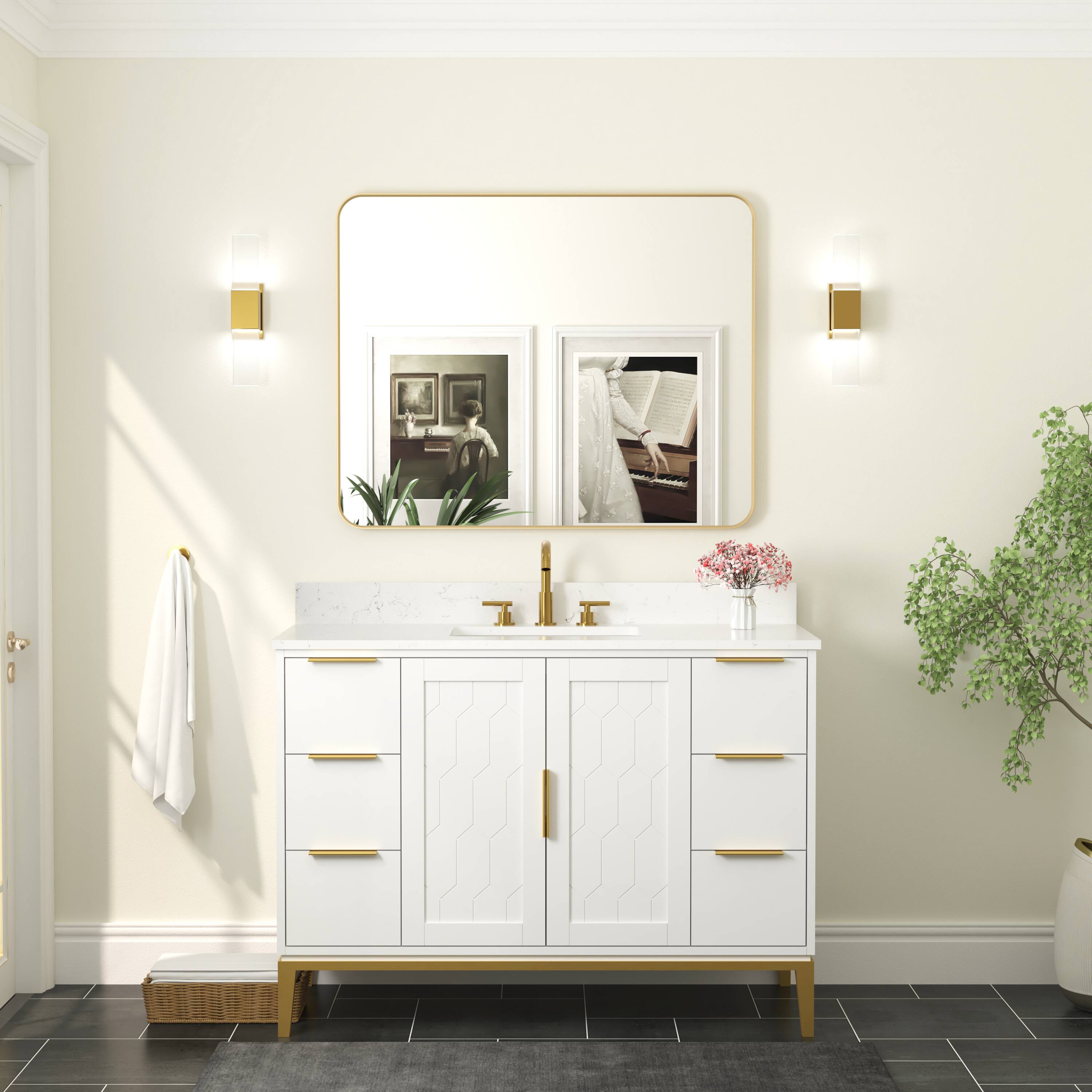 Angle. WELLFOR - 40 in. W. x 32 in. H Rectangular Aluminum Framed Wall-Mounted Bathroom Vanity Mirror - Brushed Gold.