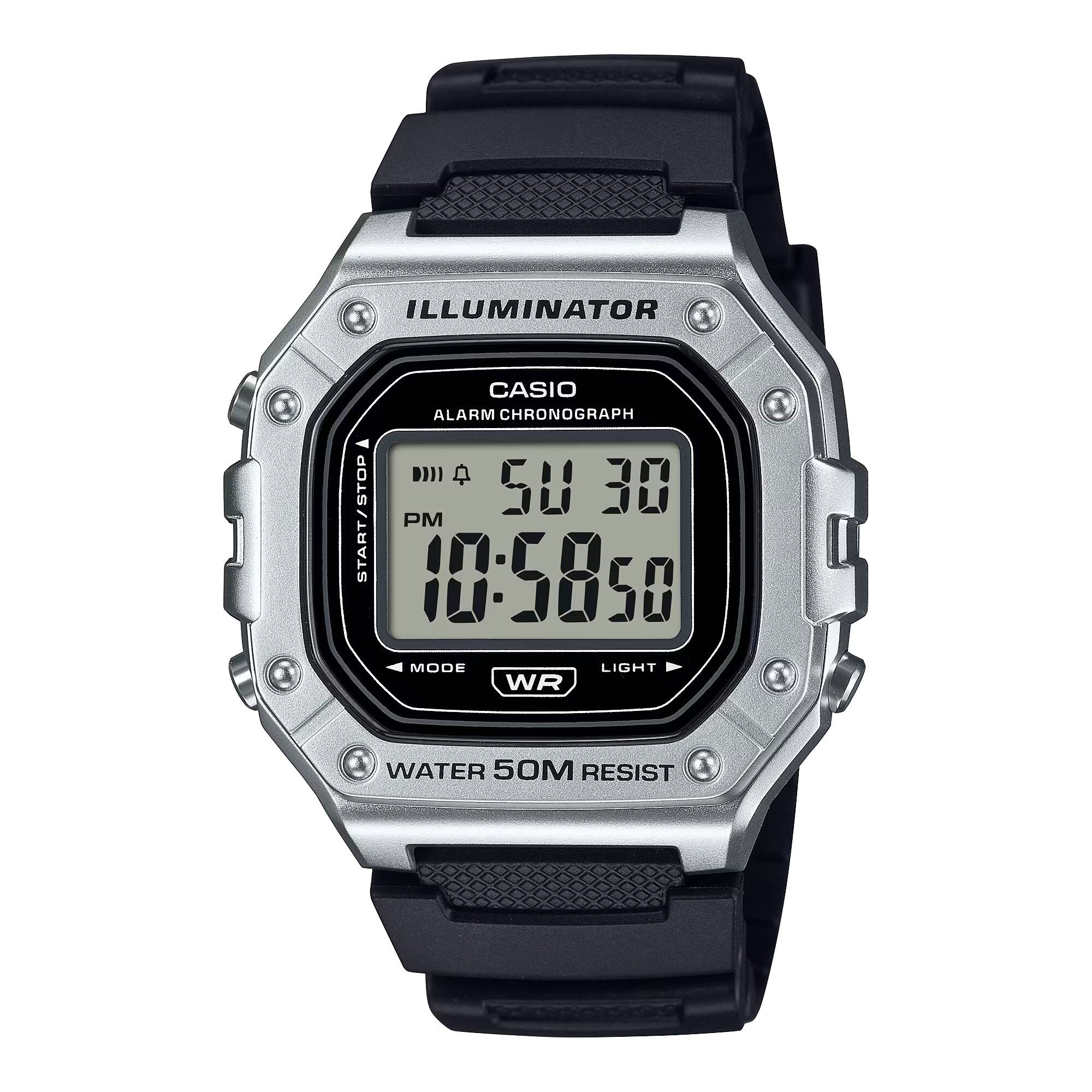 ILLUMINATOR  
CASIO  
ALARM CHRONOGRAPH  
5U 30  
10:58:50  
PM  
LIGHT  
WR  
WATER 50M RESIST