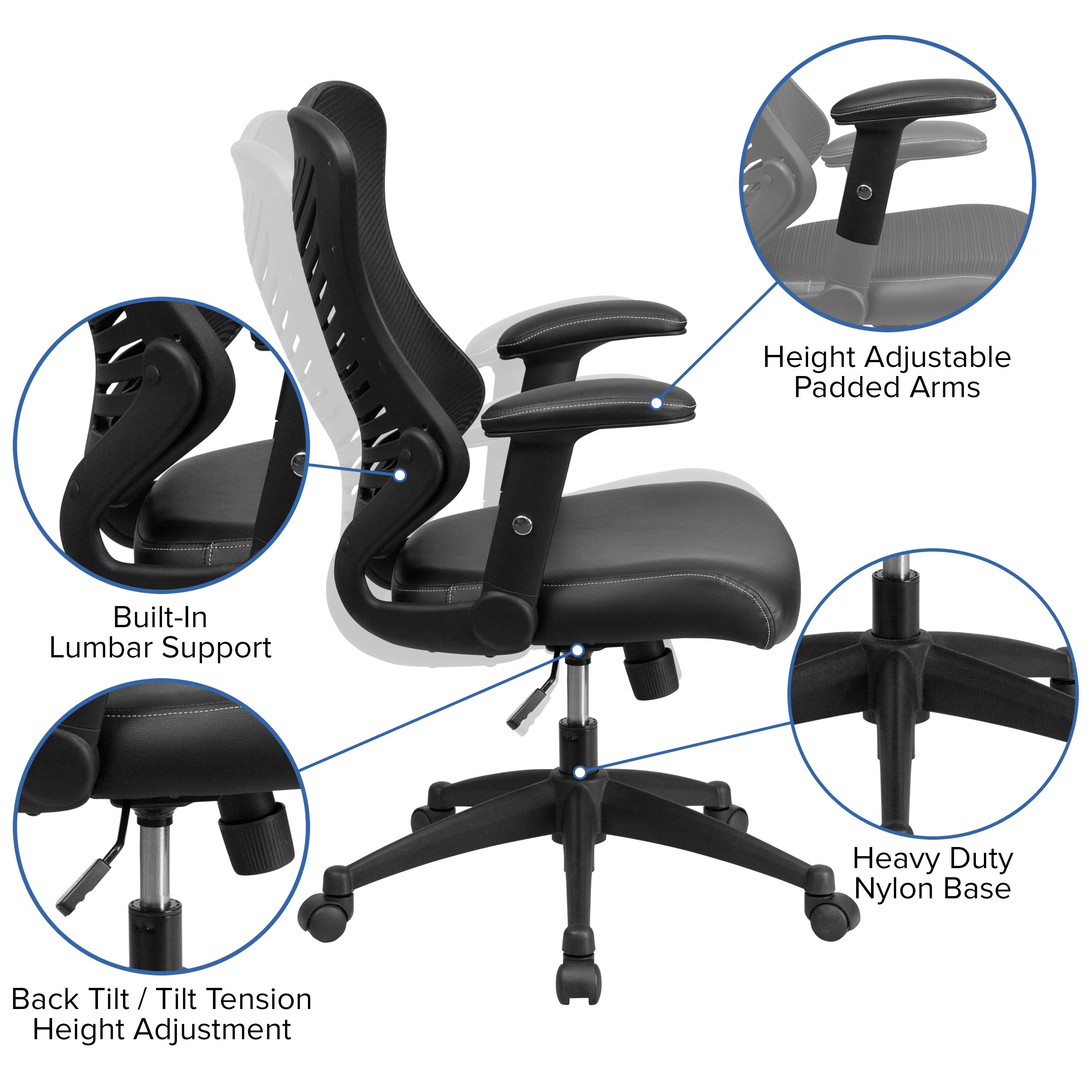 Height Adjustable Padded Arms  
Built-In Lumbar Support  
Heavy Duty Nylon Base  
Back Tilt / Tilt Tension Height Adjustment