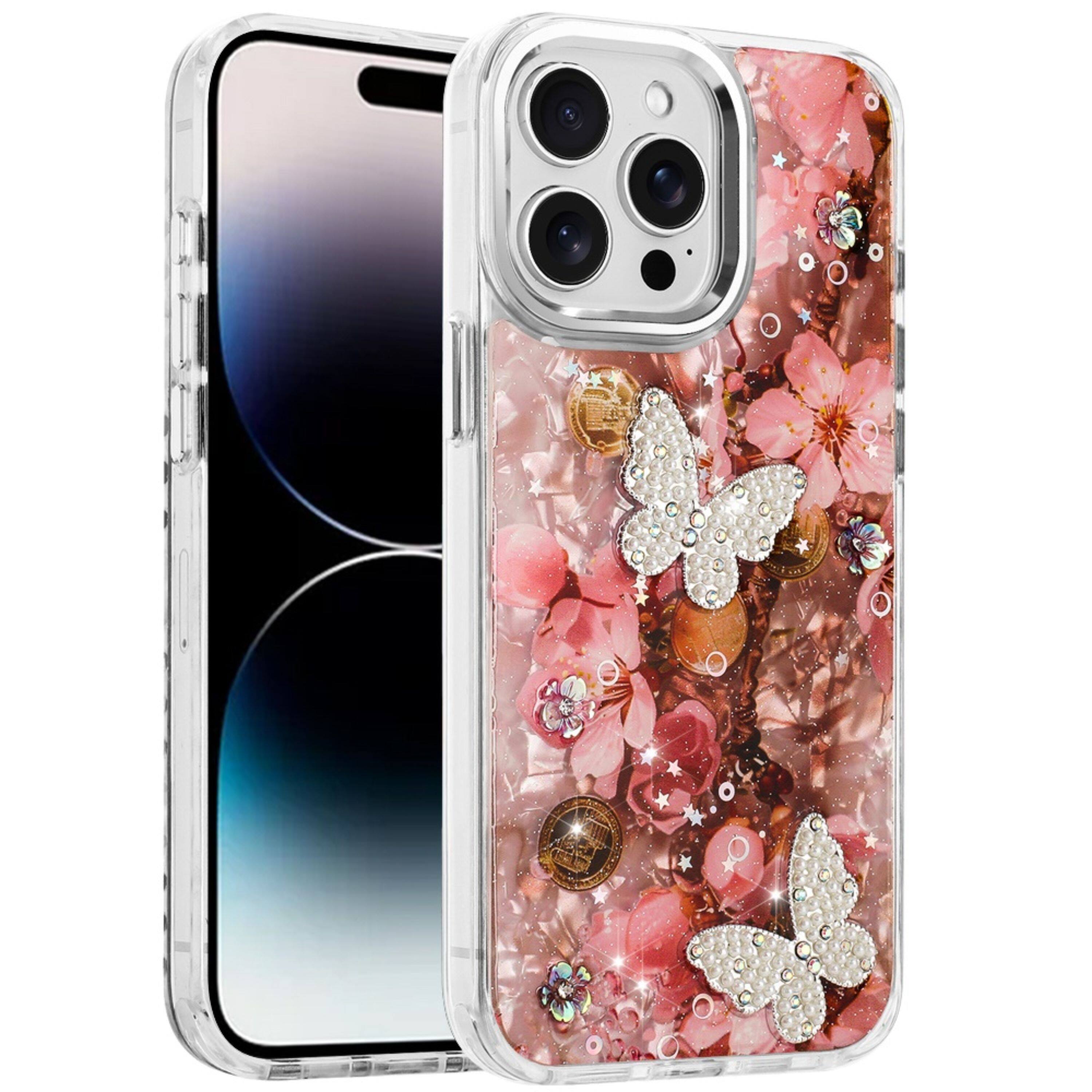 Left. Kitcheniva - Epoxy Glitter 3D Butterfly Case For iPhone 14 Pro Max 4 - Multicolor.