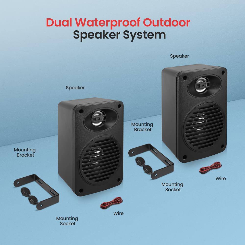 Dual Waterproof Outdoor Speaker System

Speaker  
Speaker  
Mounting Bracket  
Mounting Socket  
Wire  
Mounting Bracket  
Mounting Socket  
Wire