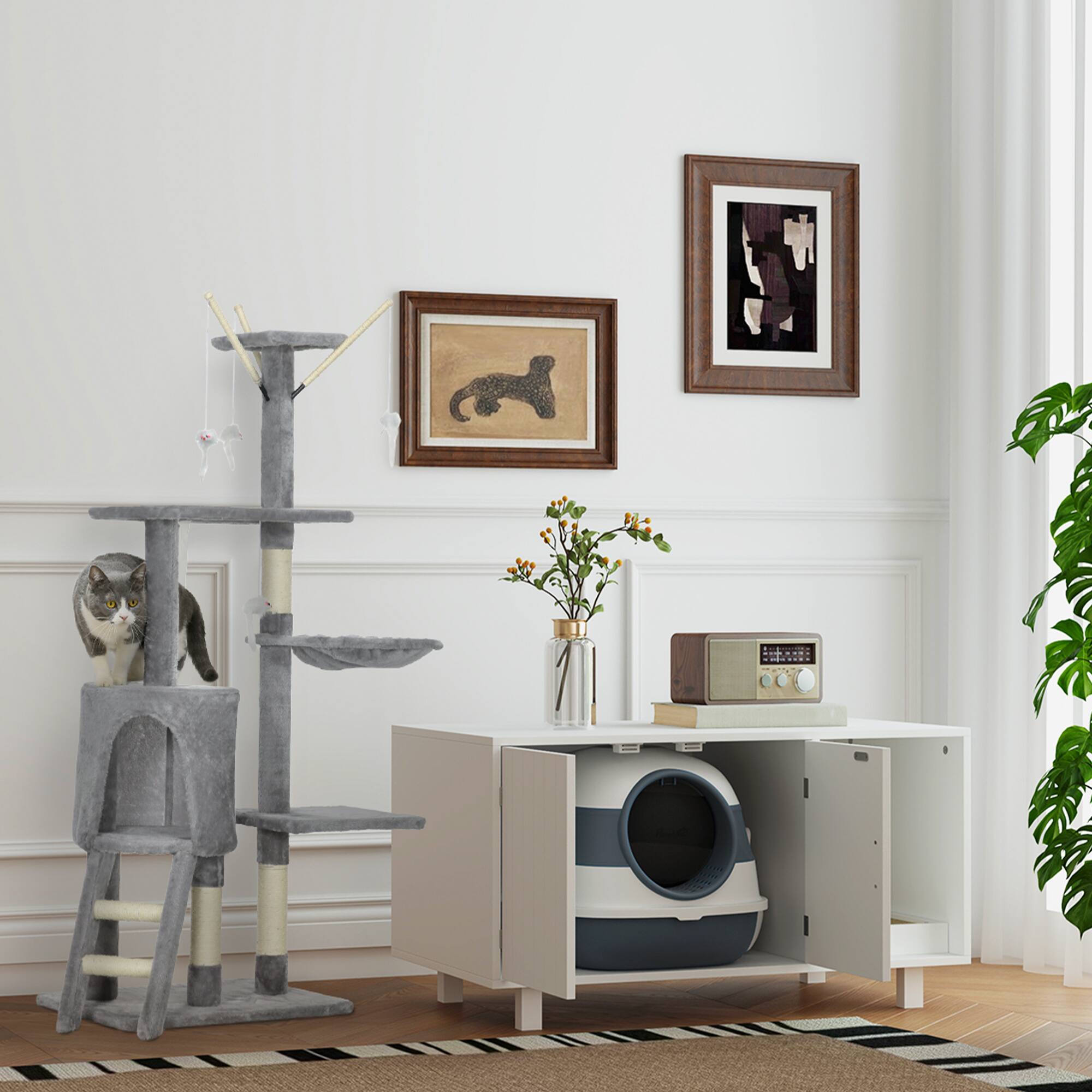 Alt View 5. Pawhut - Cat Litter Box with Lid, Covered, High Sides, Air Freshener, Large Two-Way Entrance, Foldable, Easy Clean - White.