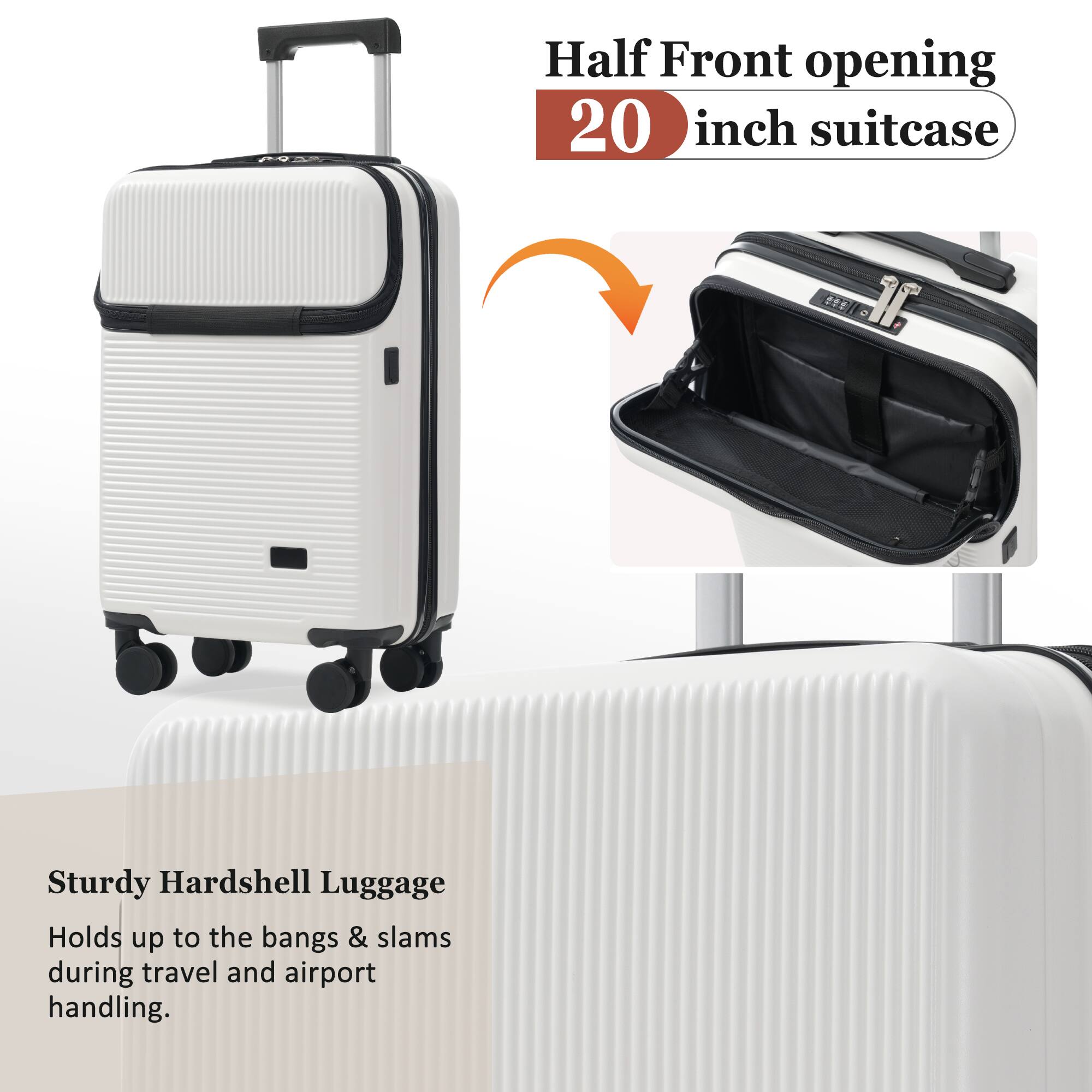 Half Front opening 20 inch suitcase

Sturdy Hardshell Luggage
Holds up to the bangs & slams during travel and airport handling.