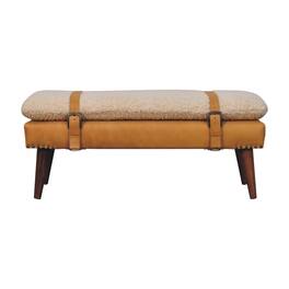 Artisan Furniture - Solid Wood Boucle x Tan Leather Bench, Upholstered - Yellow & Cream