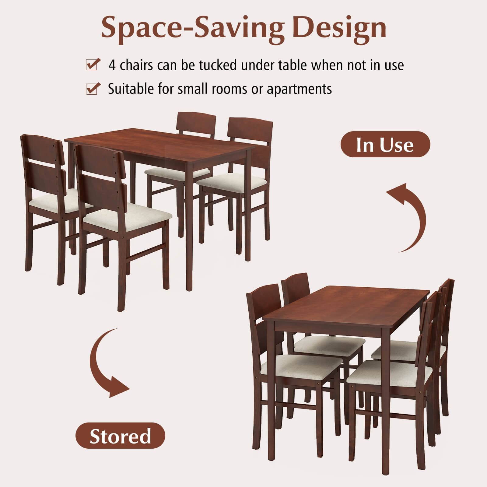 Space-Saving Design: 4 chairs can be tucked under table when not in use. Suitable for small rooms or apartments. In Use: Stored.