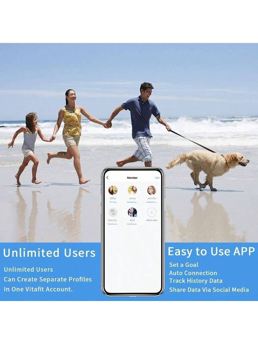 Unlimited Users  
Unlimited Users Can Create Separate Profiles In One Vitafit Account.

Easy to Use APP  
Set a Goal  
Auto Connection  
Track History Data  
Share Data Via Social Media