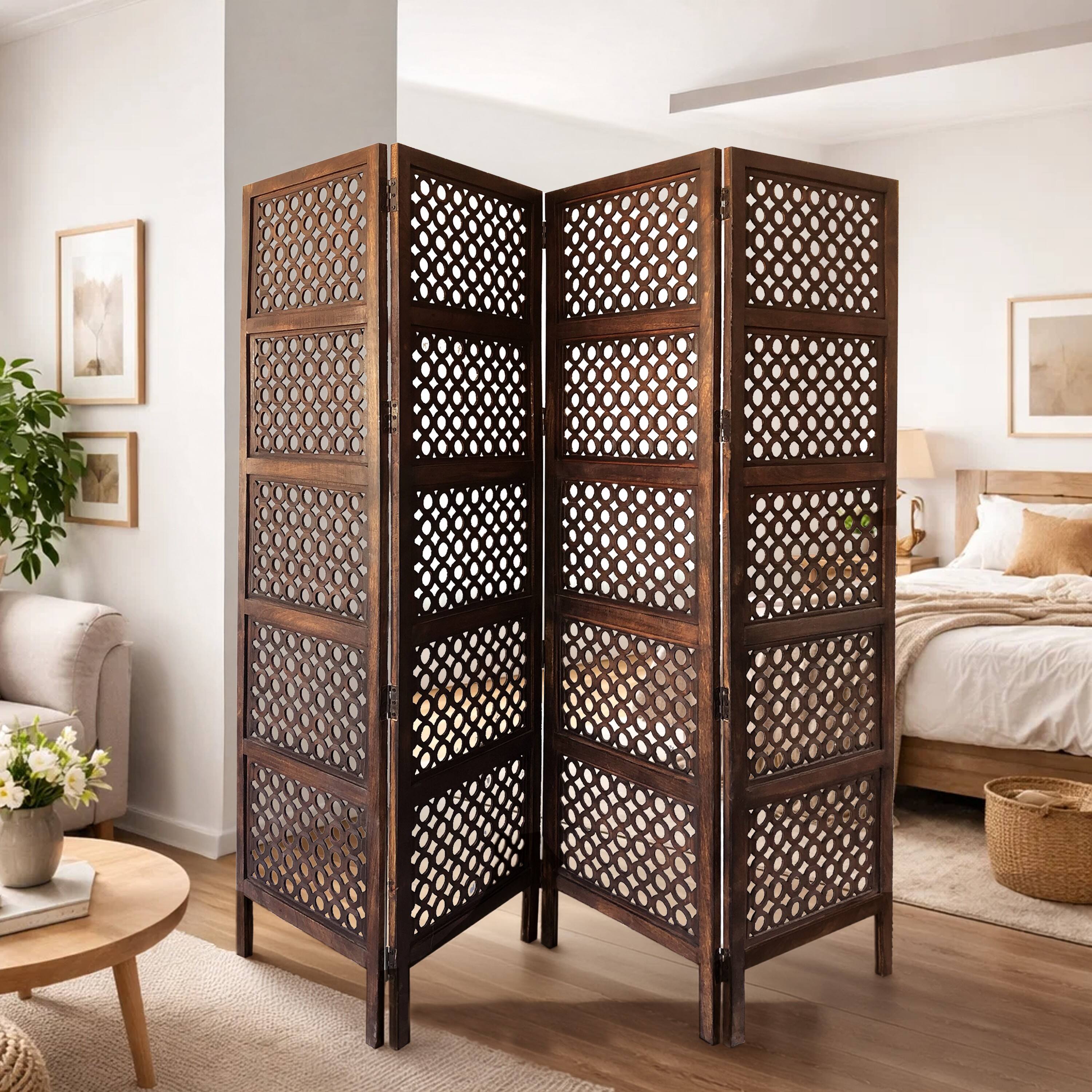 Alt View 8. Manhattan Lane - Decorative Four Panel Mango Wood Hinged Room Divider with Circular Cutout Design - Brown.