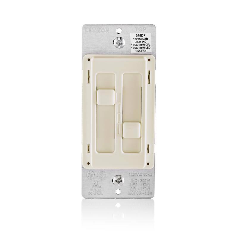 LEVITON TOP 066DF  
120Vac 60Hz  
300W INC 1.25A  
150W CFL 1.25A  
150W LED 1.5A  
FAN 1.5A  
CONTROL 120VAC  
80H2 INC 300W  
MED  
H0WY 3E  
30W MOTOR 15A