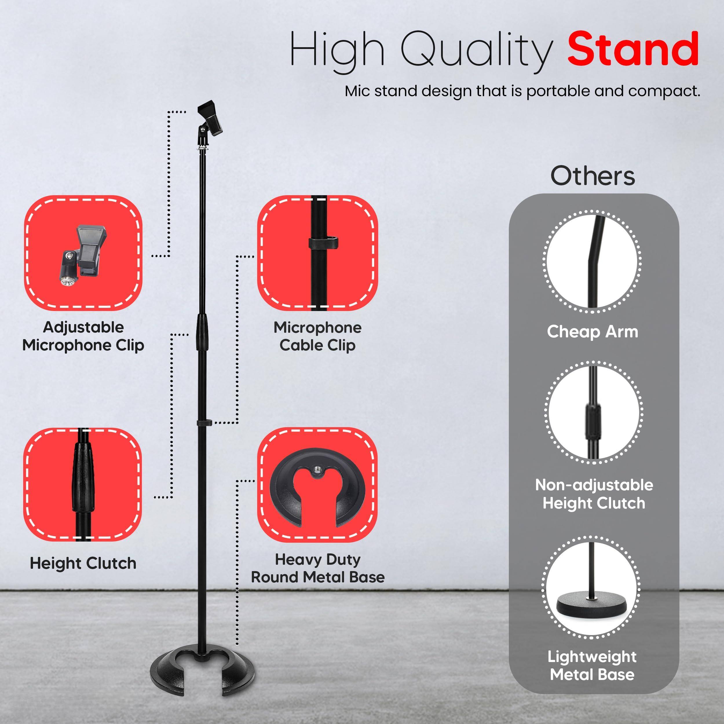 High Quality Stand  
Mic stand design that is portable and compact.

- Adjustable Microphone Clip
- Microphone Cable Clip
- Height Clutch
- Heavy Duty Round Metal Base

Others
- Cheap Arm
- Non-adjustable Height Clutch
- Lightweight Metal Base