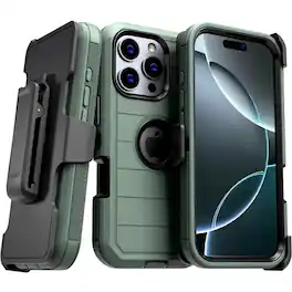 RomeTech - Defender Case for iPhone 16 Pro with Belt Clip, Kickstand, Dual-Layer, Army Green/Black - Army Green / Black