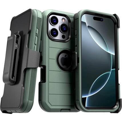 Front. RomeTech - Defender Case for iPhone 16 Pro with Belt Clip, Kickstand, Dual-Layer, Army Green/Black - Army Green / Black.