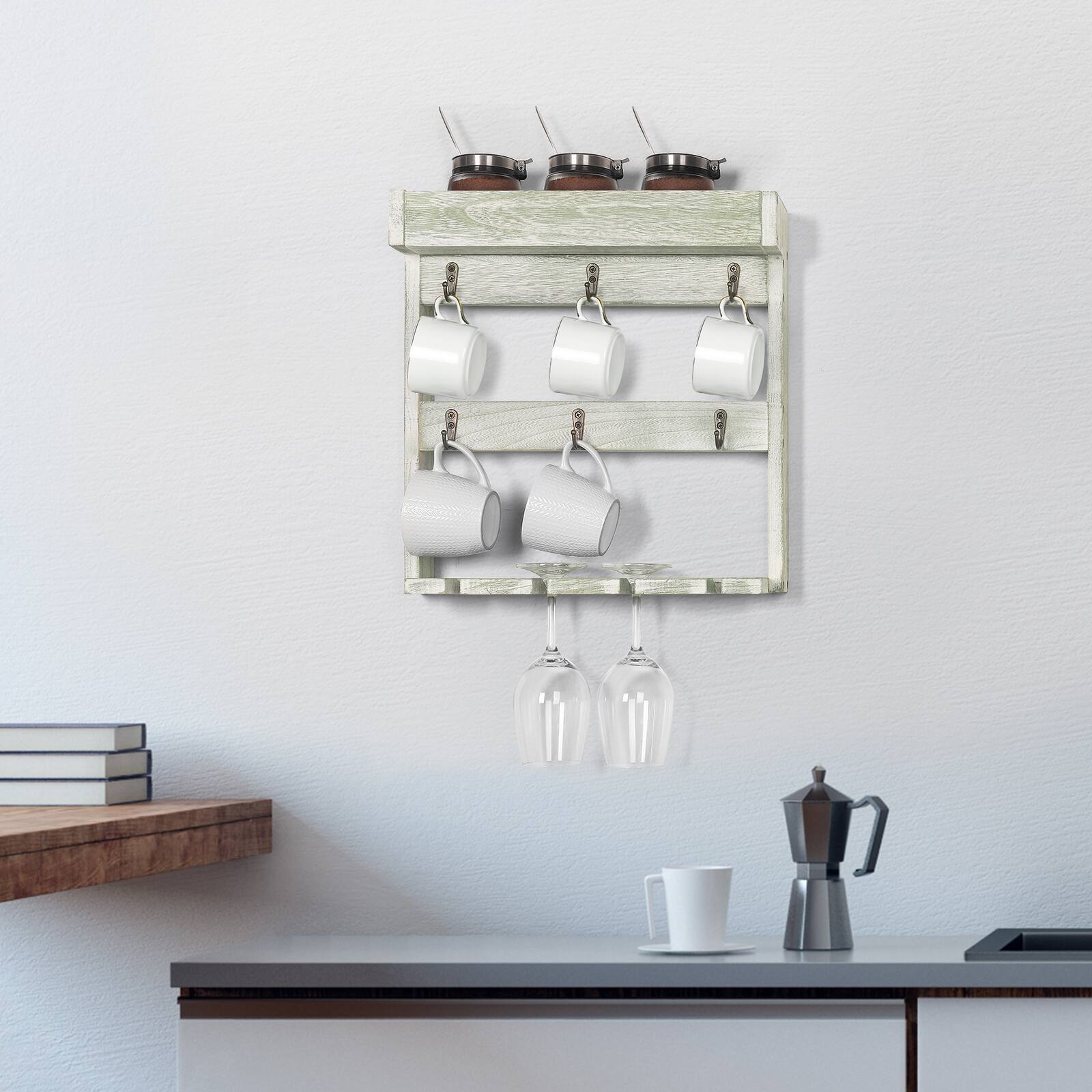 Alt View 2. Oumilen - Distressed White Green Wash Wood Wall Mount Mug Rack, 6 Hooks Cup Holder with Wine Glass Slots for Coffee Bar - White.