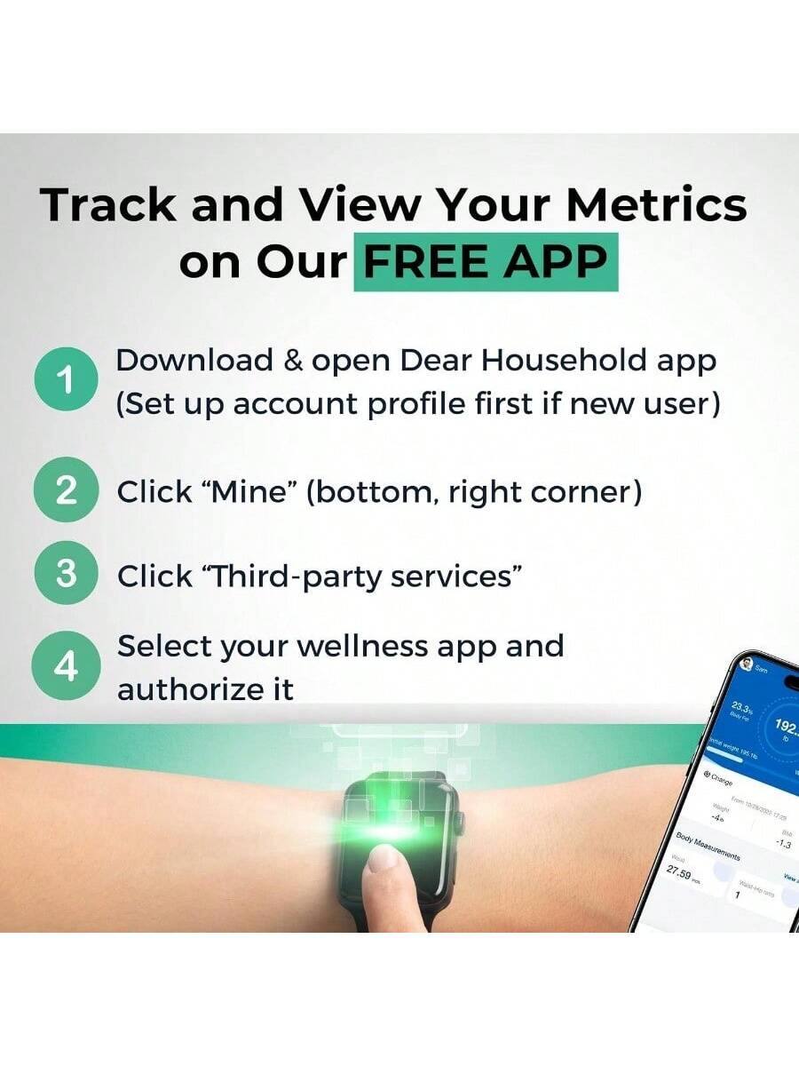 Track and View Your Metrics on Our FREE APP

1. Download & open Dear Household app (Set up account profile first if new user)
2. Click "Mine" (bottom, right corner)
3. Click "Third-party services"
4. Select your wellness app and authorize it

Sare 23.3% 192. * Change a Body Measurements 27.59 1 1.3 Wew