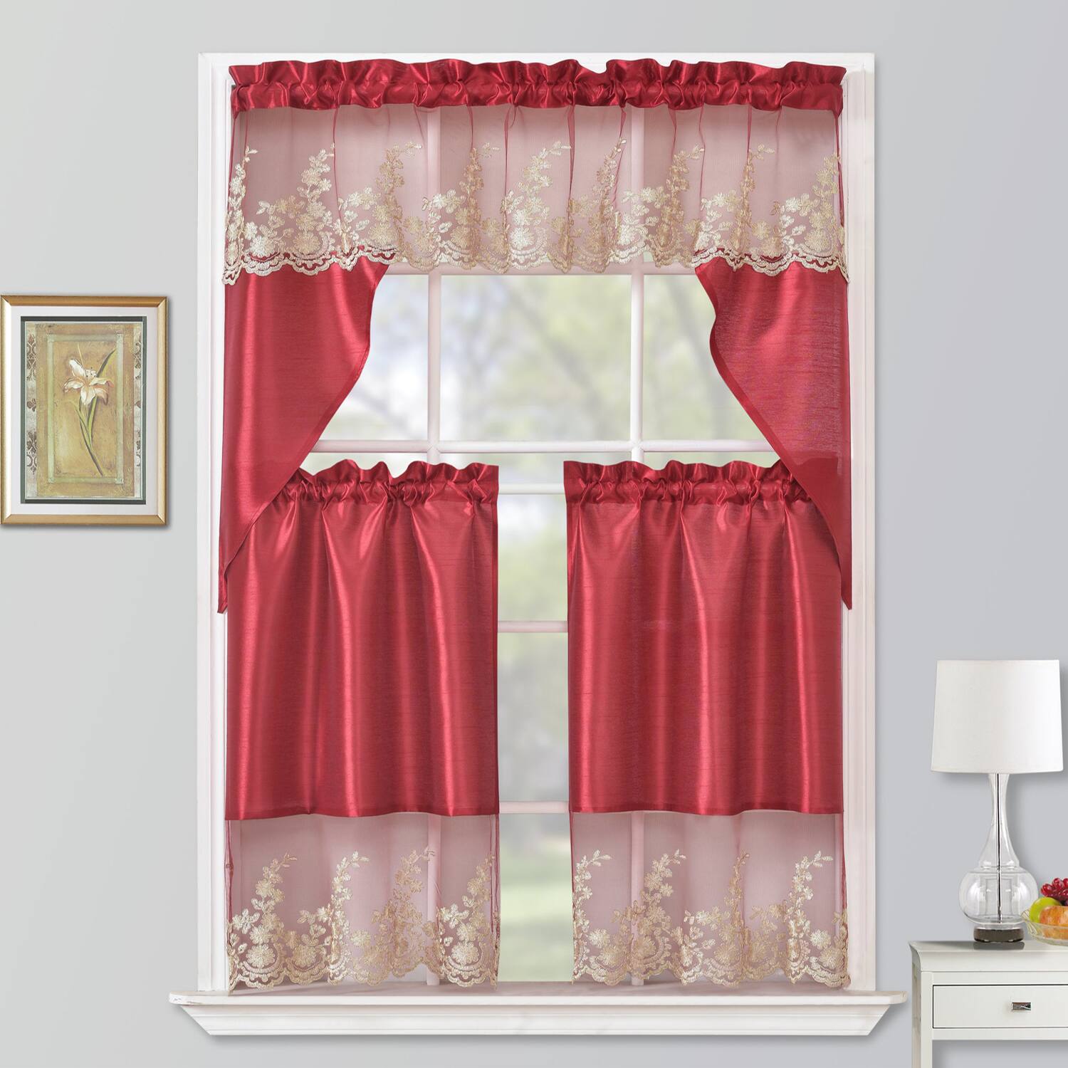 Angle. RT Designers Collection - RT Designers Collection Polyester Bethany Embroidered 3 PC Kitchen Curtains Tier & Swag Set 60" x 36" Red - Red.