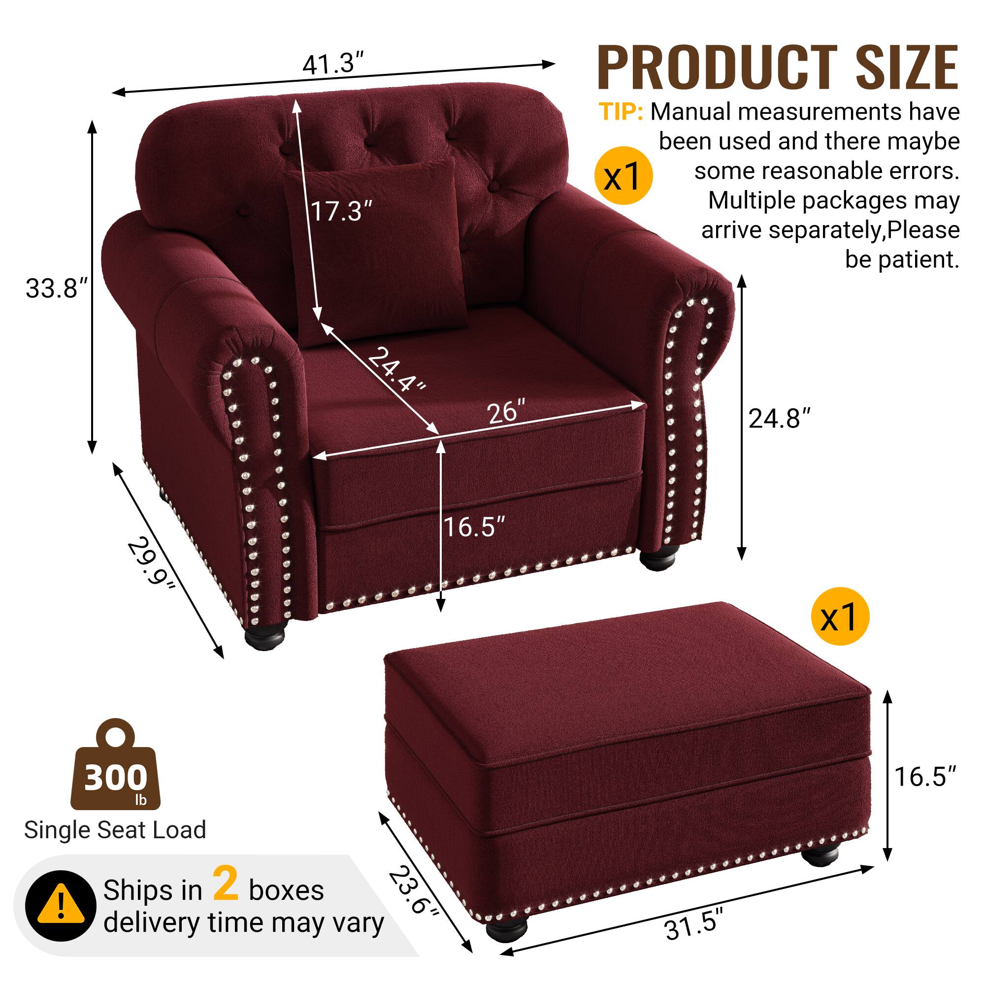 33.8" 41.3" 17.3" 24.4" 24.8" 26" 29.9" 16.5" 23.6" 31.5" 16.5" 

PRODUCT SIZE TIP: Manual measurements have been used and there may be some reasonable errors. Multiple packages may arrive separately, please be patient. 

300 lb Single Seat Load 

Ships in 2 boxes delivery time may vary