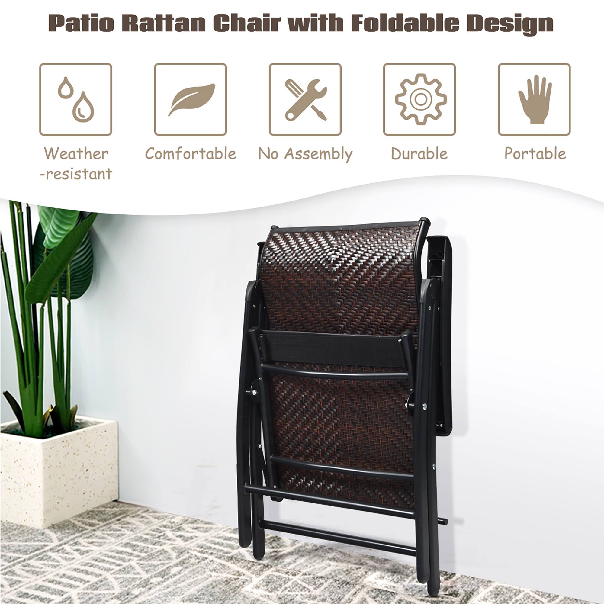 Patio Rattan Chair with Foldable Design
Weather-resistant
Comfortable
No Assembly
Durable
Portable