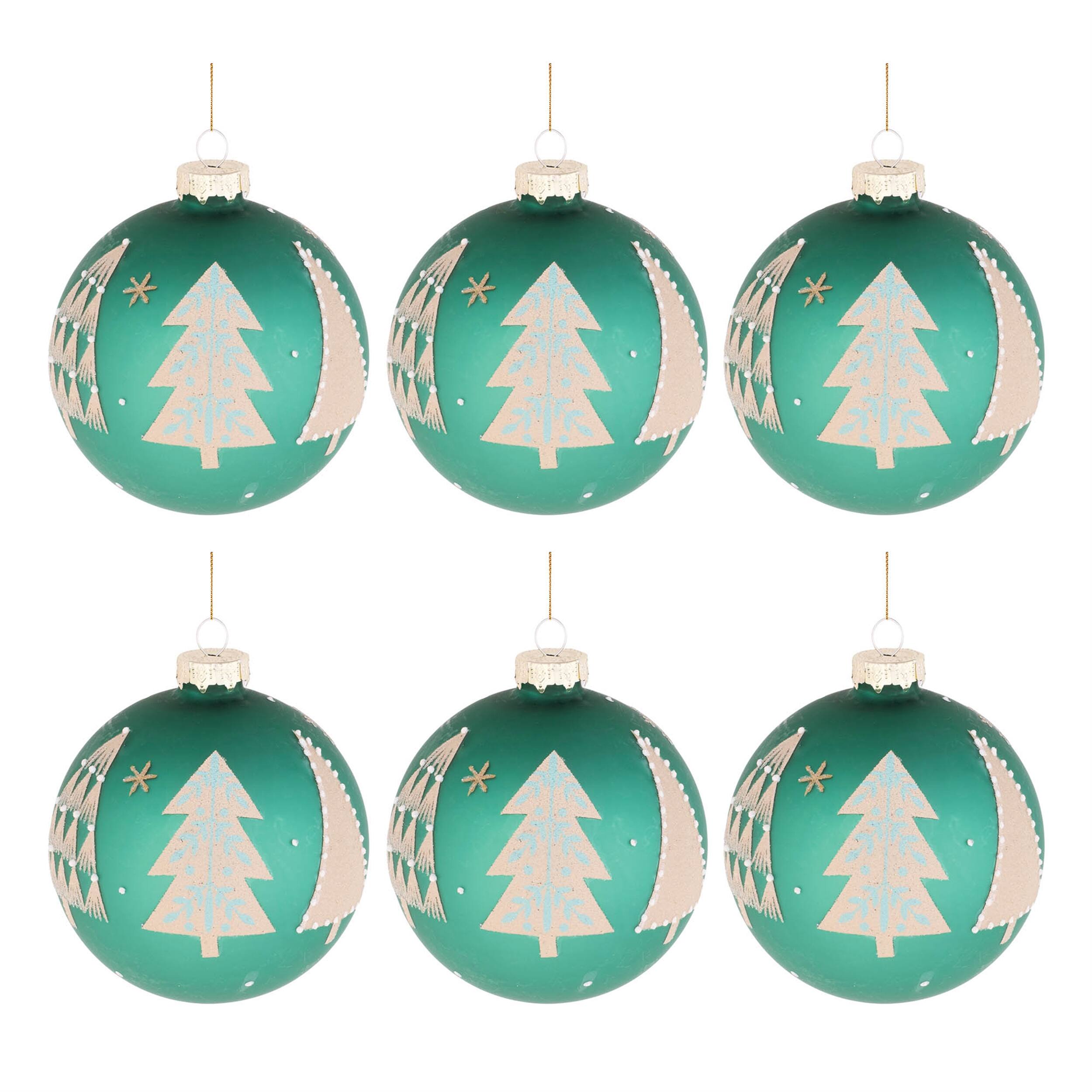 Back. BreeBe - Beaded Pine Tree Ball Ornament (Set of 6) - Green, White.