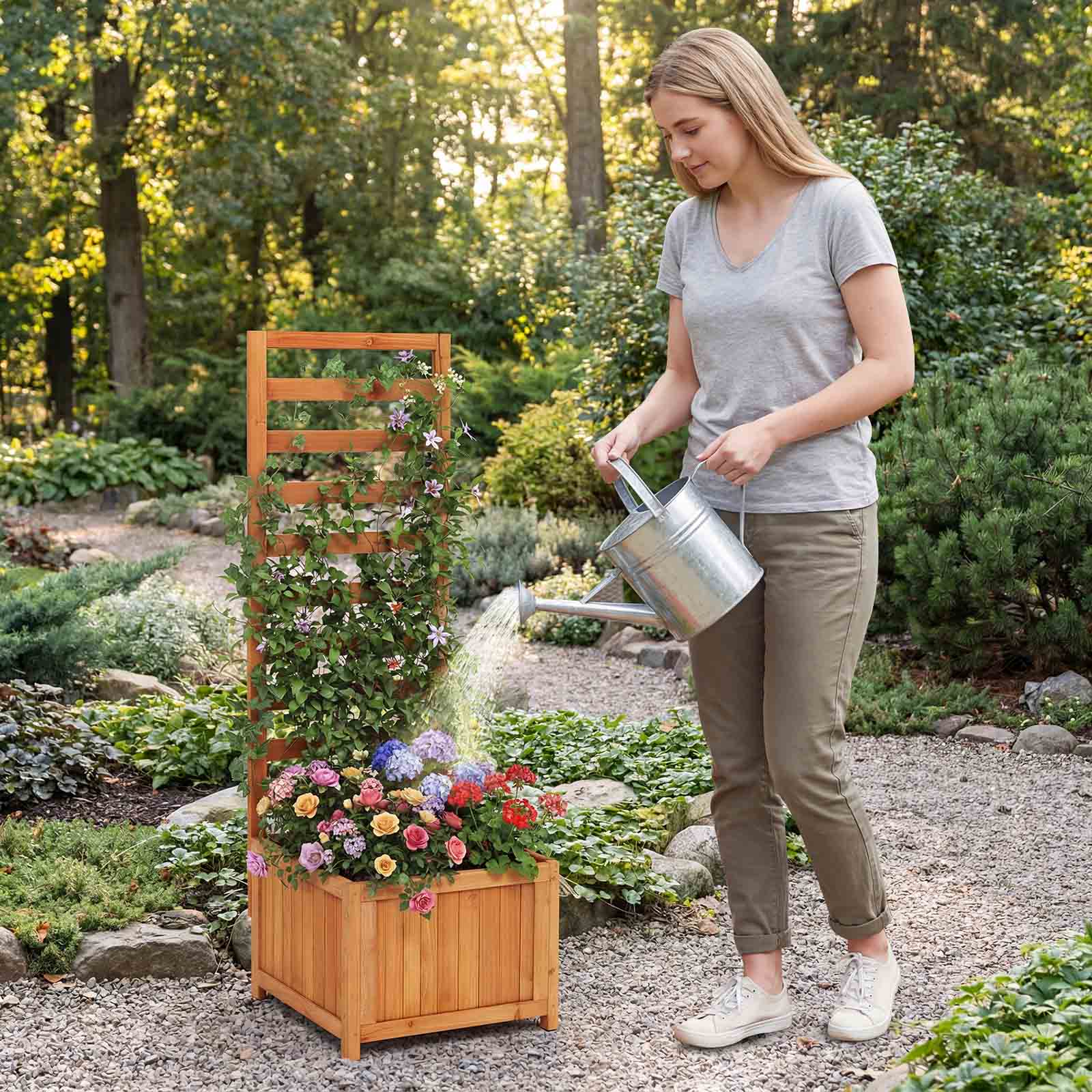 Alt View 3. Gymax - Gymax 48'' Wood Raised Garden Bed w/Trellis Drainage Holes & Gaps for Climbing Plants - Orange.