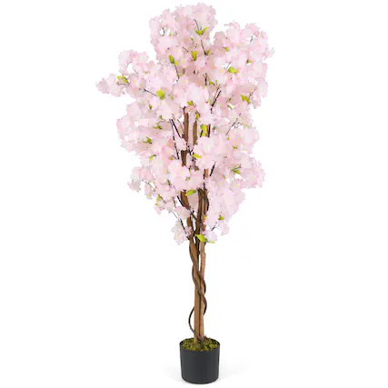 Front. Costway - Costway 5FT Artificial Cherry Blossom Tree, Pink Fake Flower Tree, Faux Floral Plant Blooming Tree in Nursery Pot - Pink.