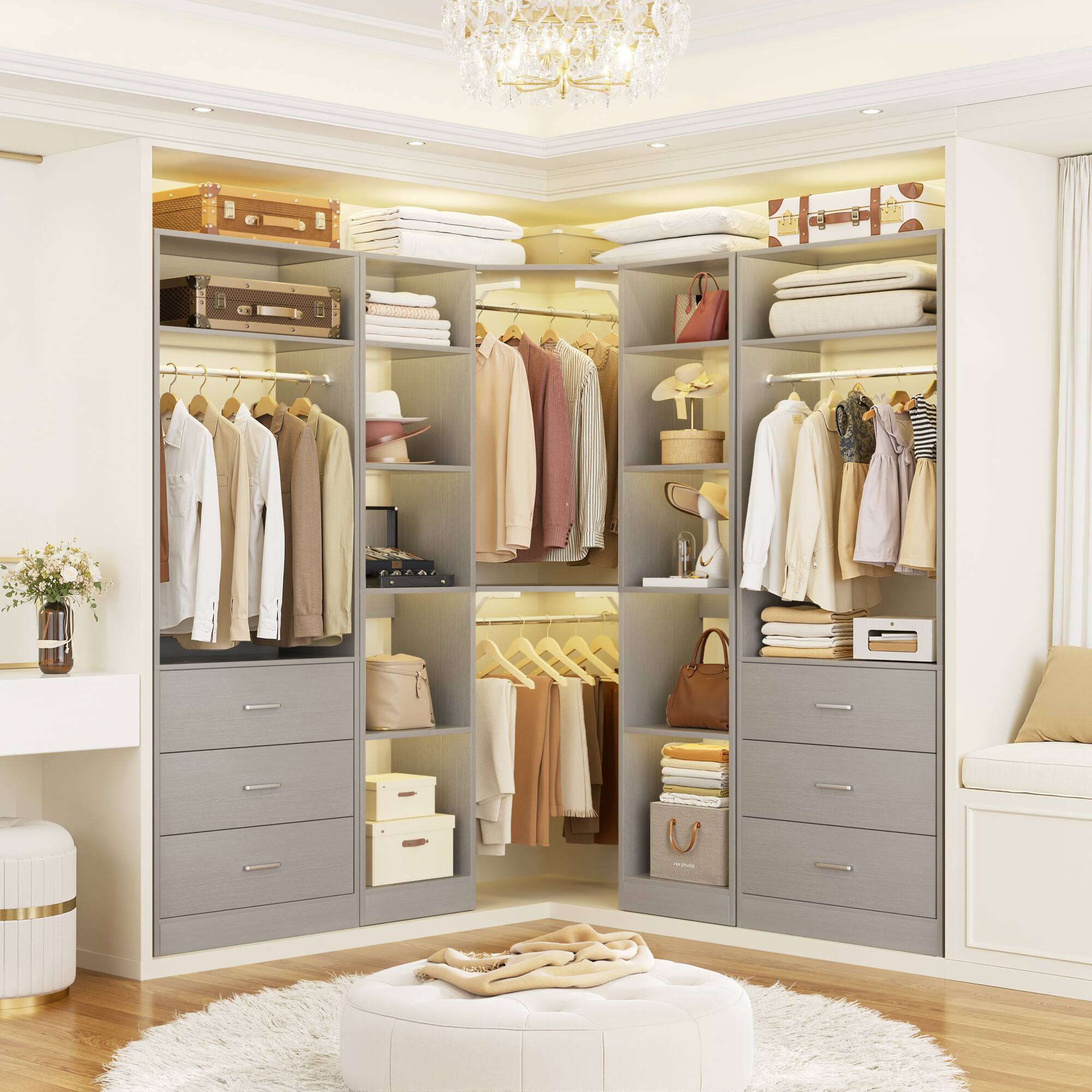 Left. Aheaplus - Reversible L Shaped Corner Walk-in Closet System - 6 Drawers, 20+ Shelves, 4 Hanging Rods, 2500+LBS Load,63.2"L-87.2"L. - Gray.