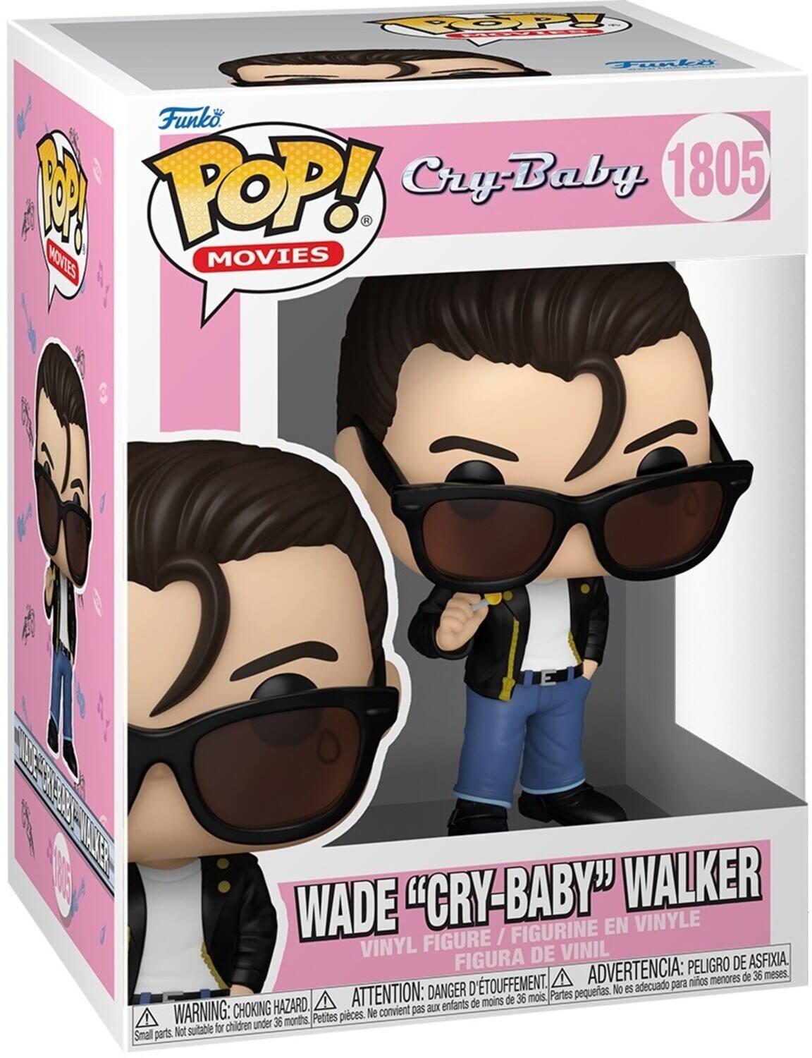 The text on the image can be grouped and corrected as follows:

**Product Information:**
- Funko Pop! Movies
- Cry-Baby
- Number: 1805
- Figure: Wade "Cry-Baby" Walker
- Material: Vinyl

**Warnings:**
- Choking Hazard
- Not suitable for children under 36 months
- Small parts

**Language Variations:**
- English: "WARNING: CHOKING HAZARD. Small parts. Not suitable for children under 36 months."
- French: "ATTENTION: enfants de moins de 36 mois. Petites pièces. Ne convient pas aux enfants de moins de 36 mois."
- Spanish: "ADVERTENCIA: PELIGRO DE ASFIXIA. menores de 36 meses. D'TOUFFEMENT. No es adecuado para niños."

**Additional Text:**
- "VINYL FIGURE / FIGURINE EN VINYLE / FIGURA DE VINIL"