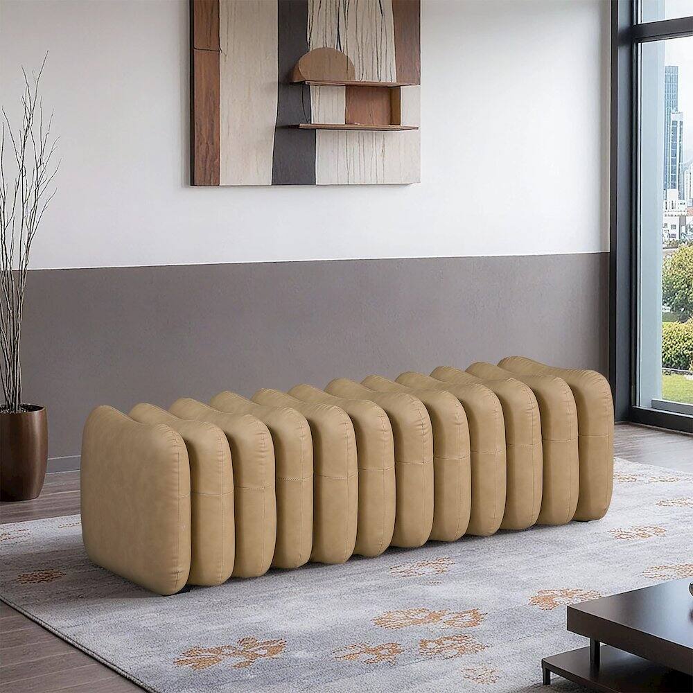 Alt View 1. Meridian Furniture - Atticus Tan Vegan Leather Bench - Brown.