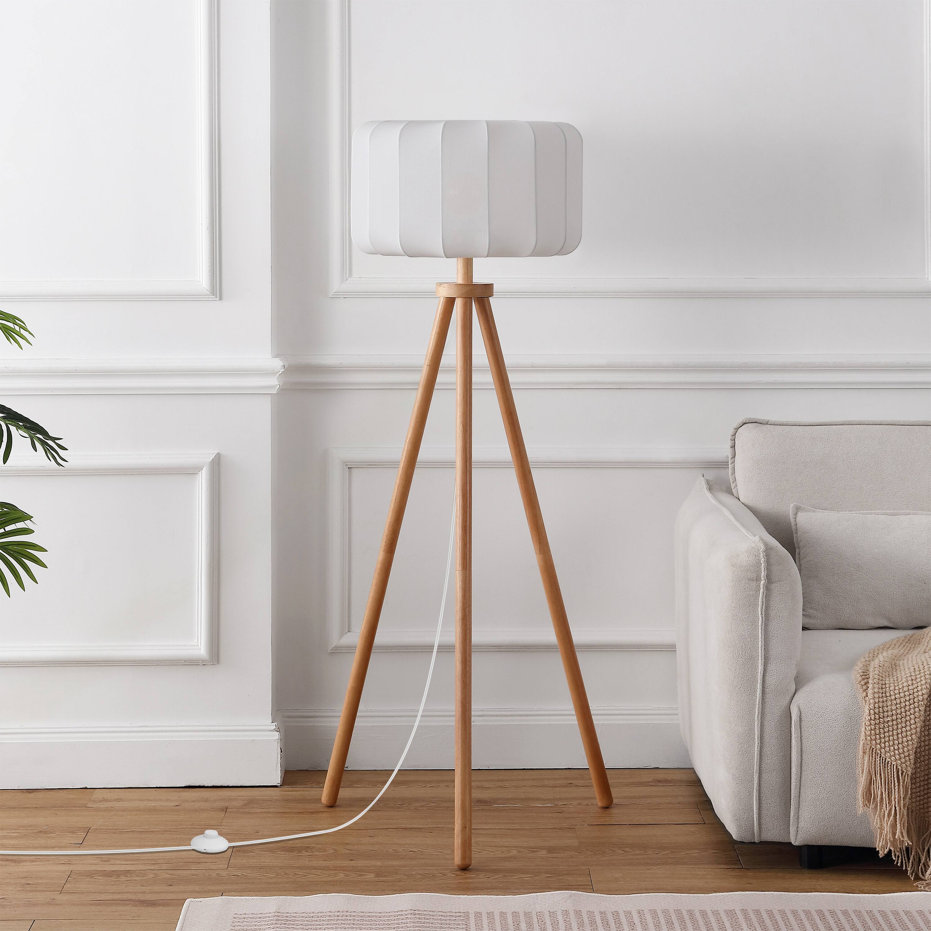 Alt View 5. Jonathan Y - Adriel 52" Mid-Century Modern Tripod Wood with Ribbed Cocoon Pumpkin Shade LED Floor Lamp, White/Light Brown - Light Brown Wood.