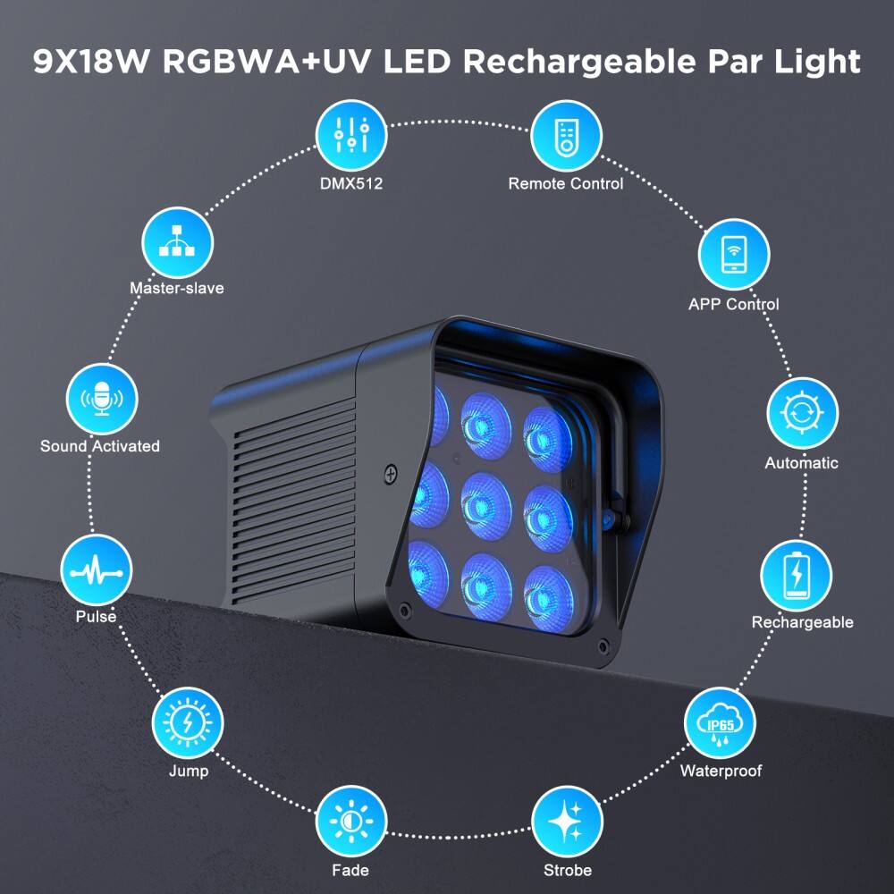 9X18W RGBWA+UV LED Rechargeable Par Light

- DMX512
- Remote Control
- APP Control
- Master-slave
- Sound Activated
- Pulse
- Jump
- Fade
- Strobe
- Rechargeable
- Waterproof (IP65)
- Automatic