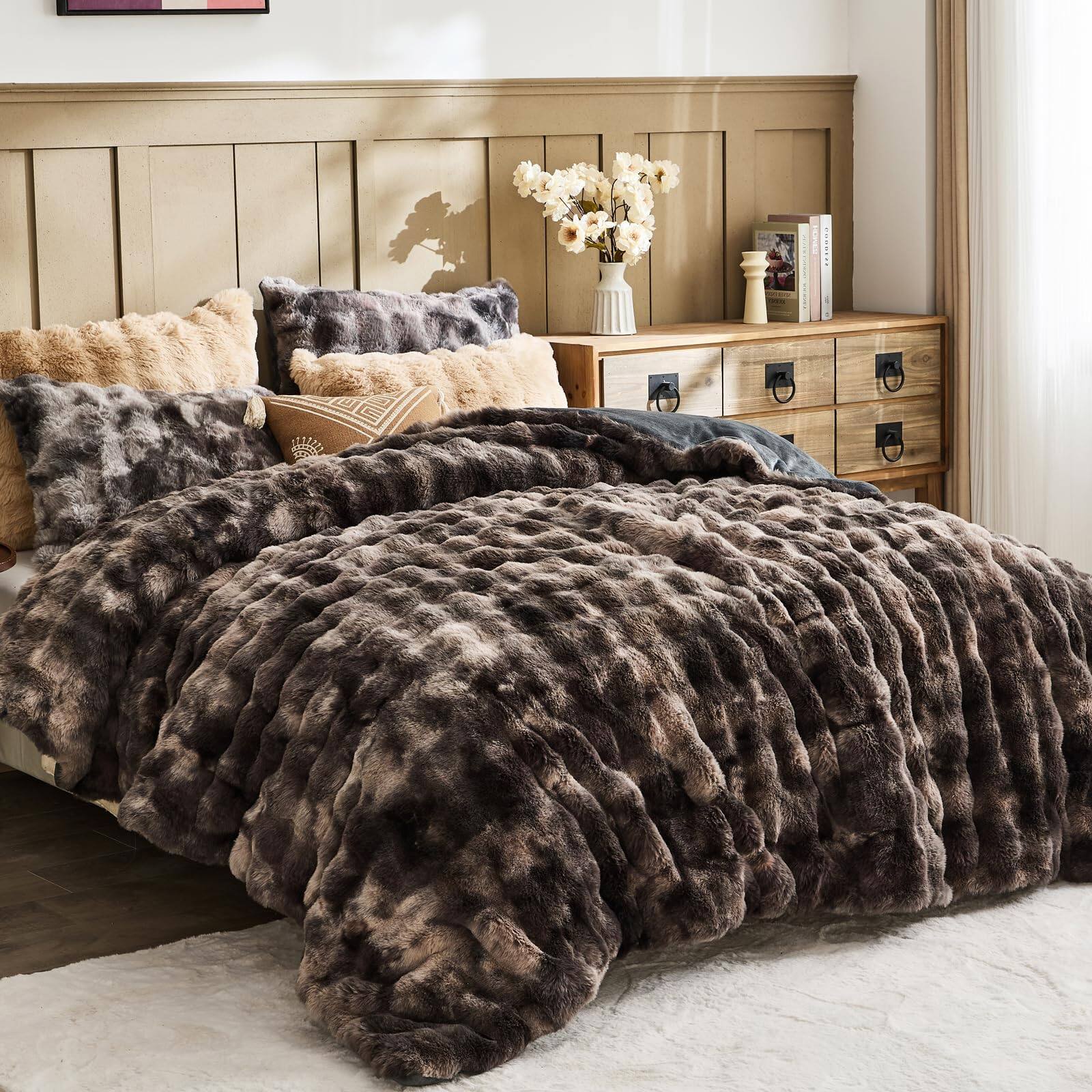 Alt View 7. Dapper Styles - Faux King Comforter Set - Tie-dye Dark Fluffy Size Big Bubble Rabbit Bedding Sets Cozy Fuzzy Bed 1 And 2 Pi... - Tie-dye Dark Gray-Queen.