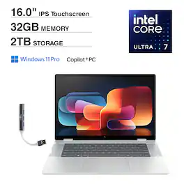 HP - Envy x360 2-in-1 Laptop 16.0 WUXGA (Intel Ultra 7 155U, 32GB LPDDR5, 2TB PCIe SSD, Win 11 Pro) w/USB Hub - Silver