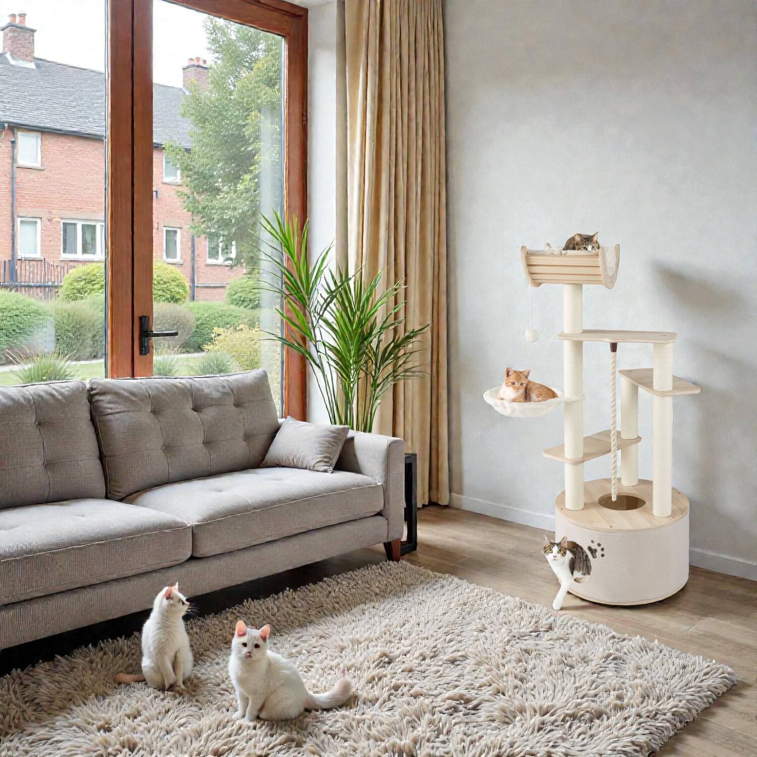 Front. BreeBe - 55.5-Inch Feline Activity Tree with Wooden Structure and Plush Cushion Comfort - Natural.