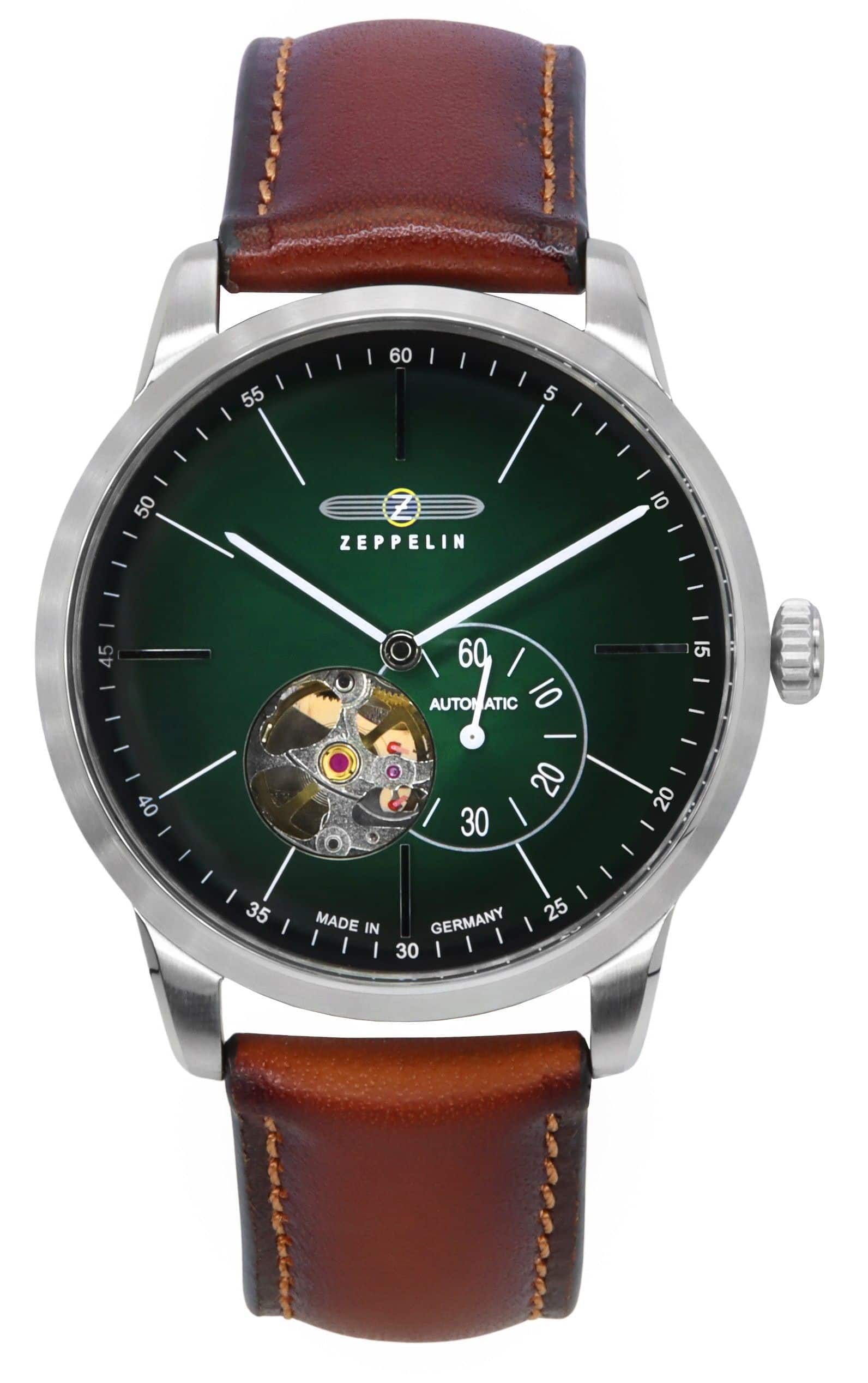 Zeppelin - Flatline Leather Strap Automatic 83644 Green Open Heart Dial Men's Watch 50M - Brown,Green