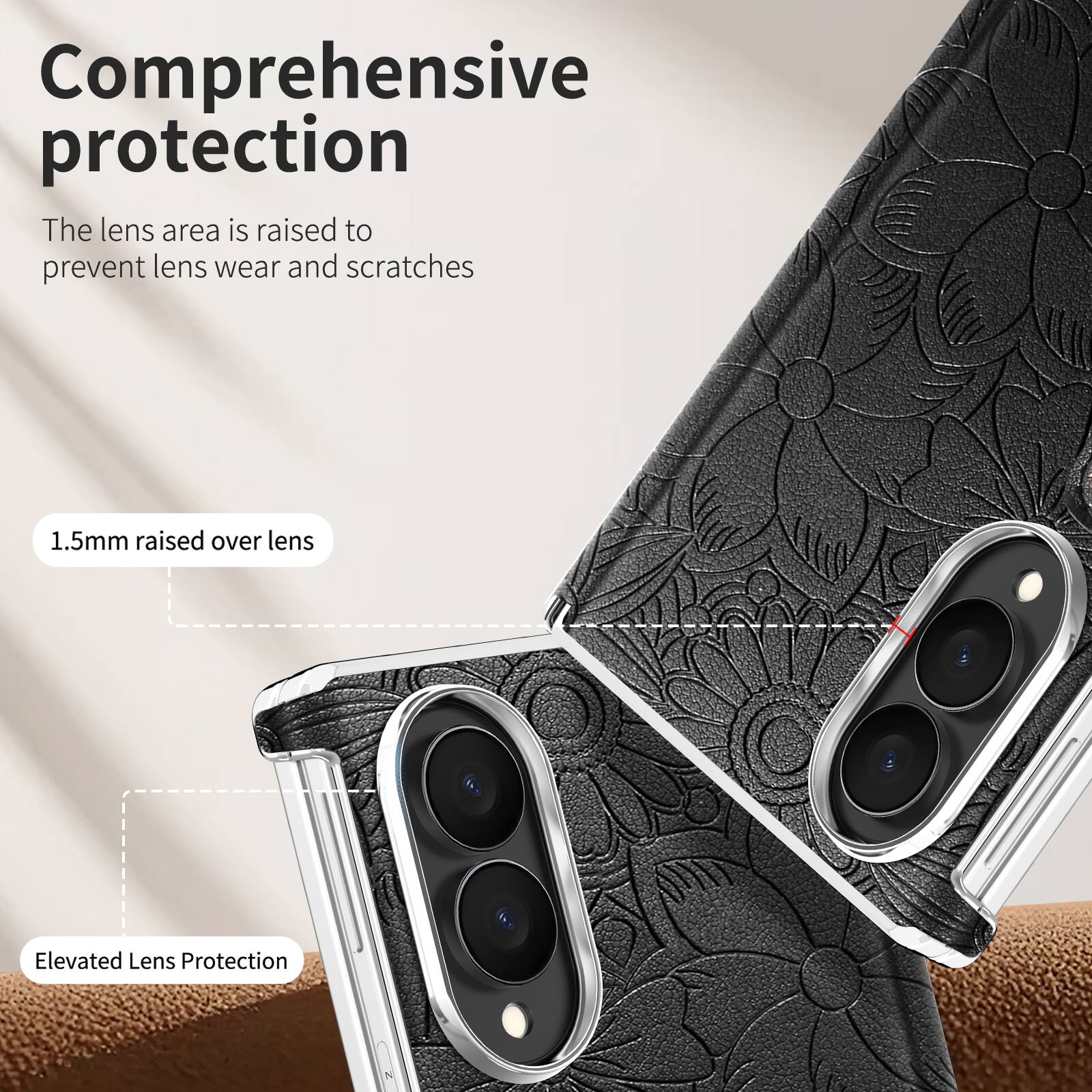 Comprehensive protection  
The lens area is raised to prevent lens wear and scratches  

1.5mm raised over lens  

Elevated Lens Protection