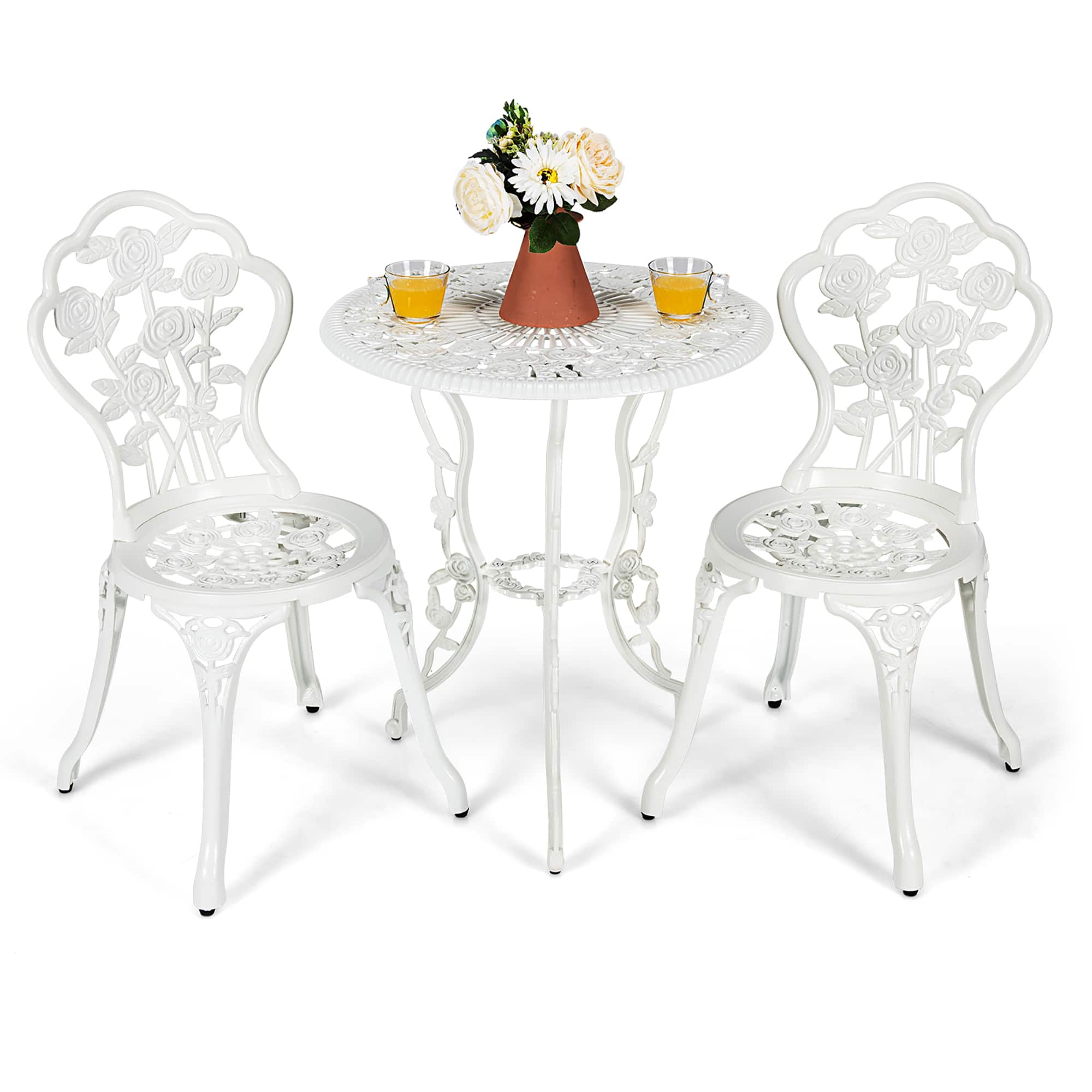 Costway - 3PCS Cast Aluminum Patio Bistro Furniture Set Rose Design Outdoor - White