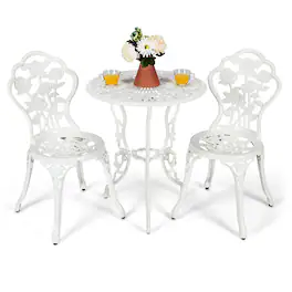 Costway - 3PCS Cast Aluminum Patio Bistro Furniture Set Rose Design Outdoor - White