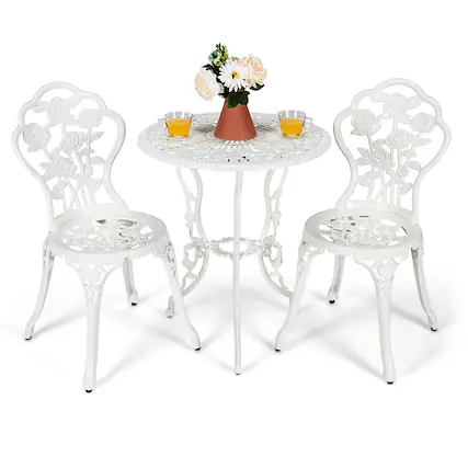 Front. Costway - Costway 3PCS Cast Aluminum Patio Bistro Furniture Set Rose Design Outdoor - White.