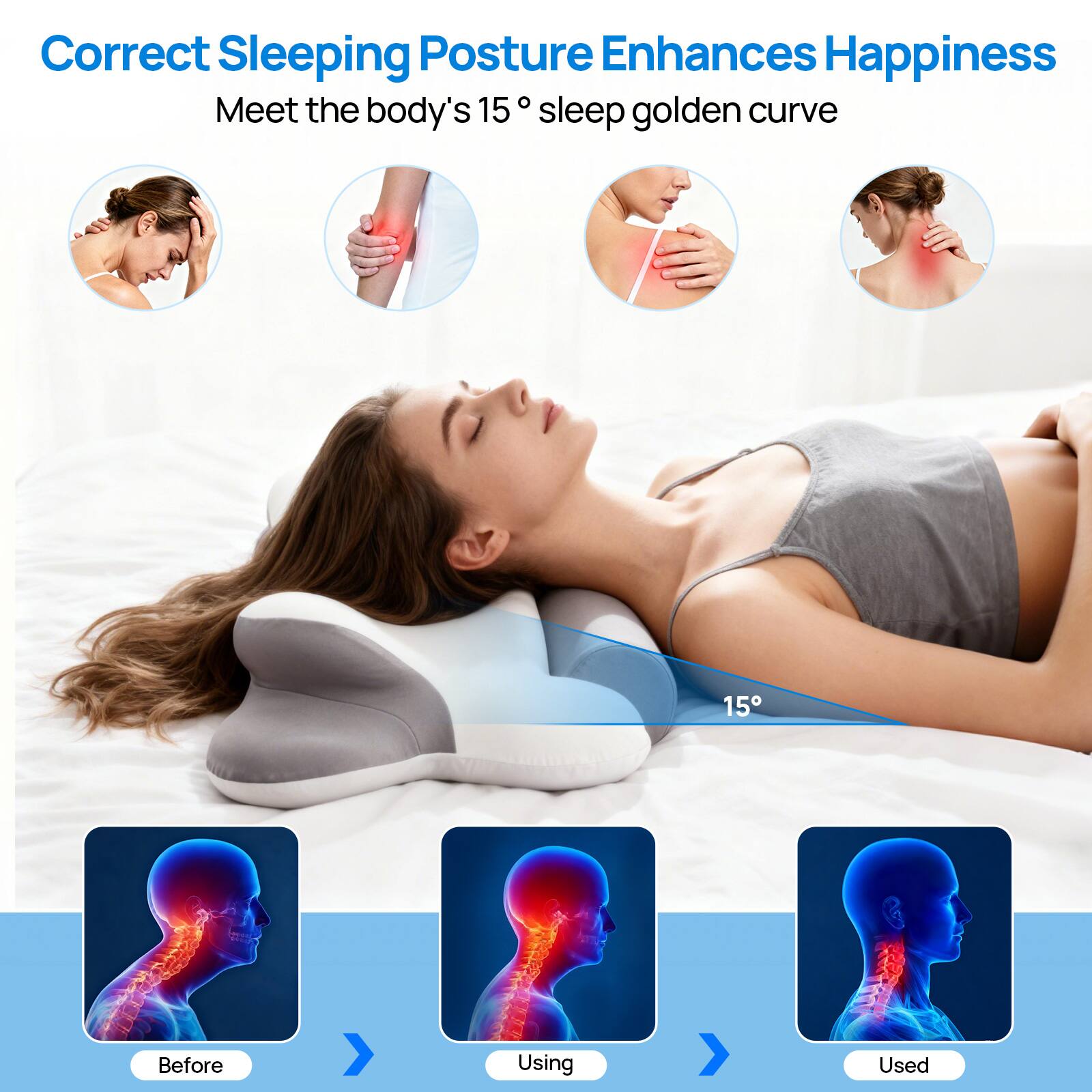 Correct Sleeping Posture Enhances Happiness  
Meet the body's 15° sleep golden curve  

Before  
Using  
Used