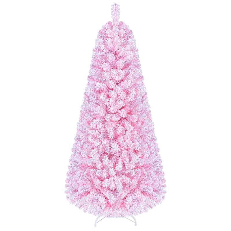 Alt View 3. WELLFOR - 5 ft Prelit Pink Flocked Fir Artificial Christmas Tree with Warm White Lights,432 Full Branch Tips - Pink.