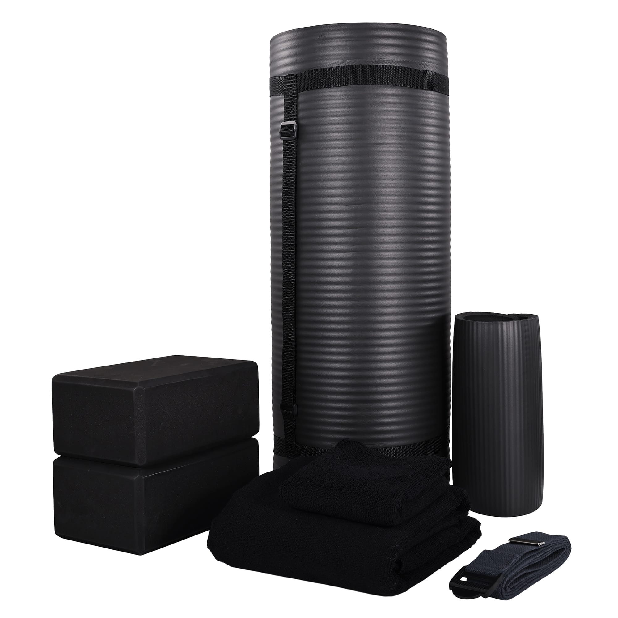 BalanceFrom Fitness - 7 Piece Yoga Set with Mat, Stretch Strap, & Knee Pad - Black