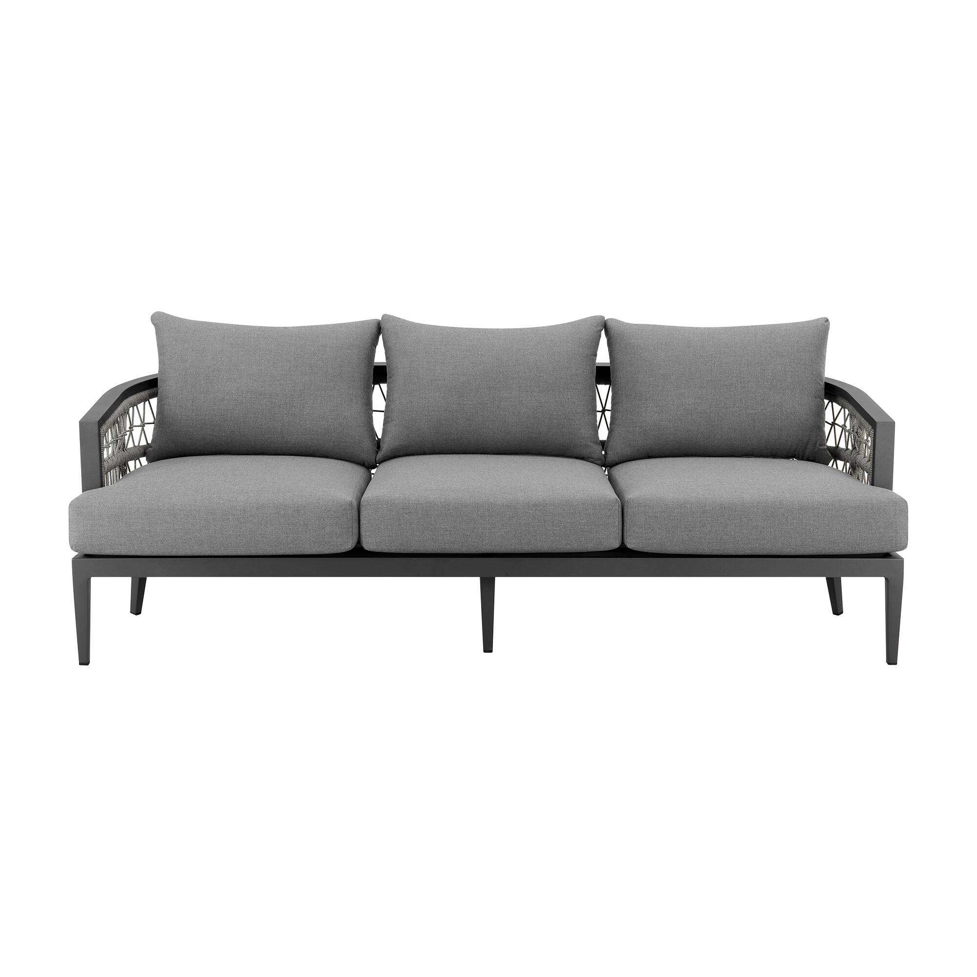 Front. Armen Living - Zella Outdoor Patio Sofa in Aluminum with Light Gray Rope and Earl Gray Cushions - Earl Gray.