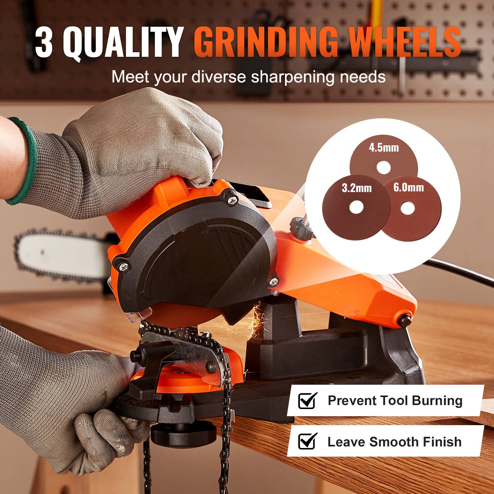 3 QUALITY GRINDING WHEELS  
Meet your diverse sharpening needs  

4.5mm  
3.2mm  
6.0mm  

Prevent Tool Burning  
Leave Smooth Finish