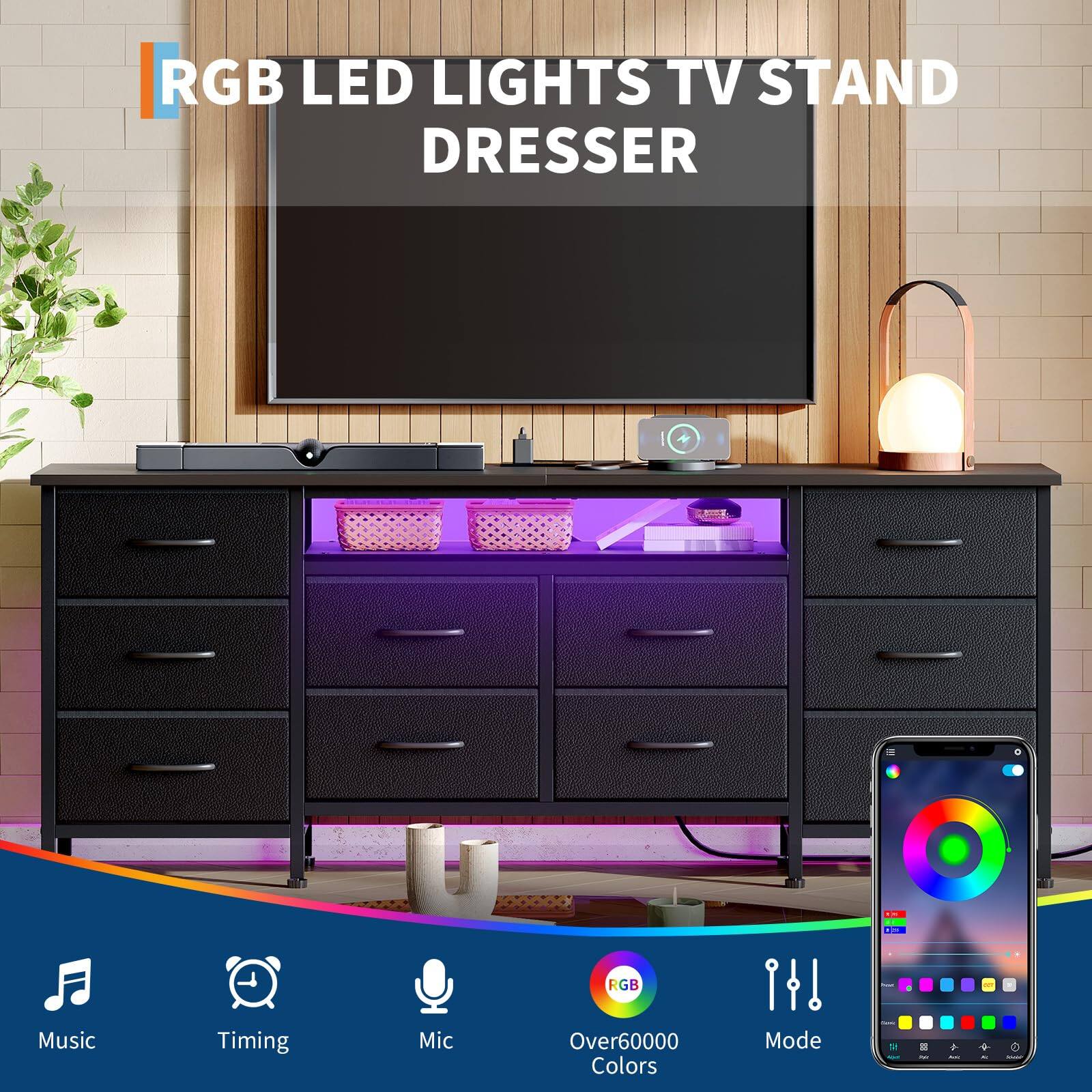 RGB LED LIGHTS TV STAND DRESSER

- Music
- Timing
- Mic
- RGB
- Over 60000 Colors
- Mode