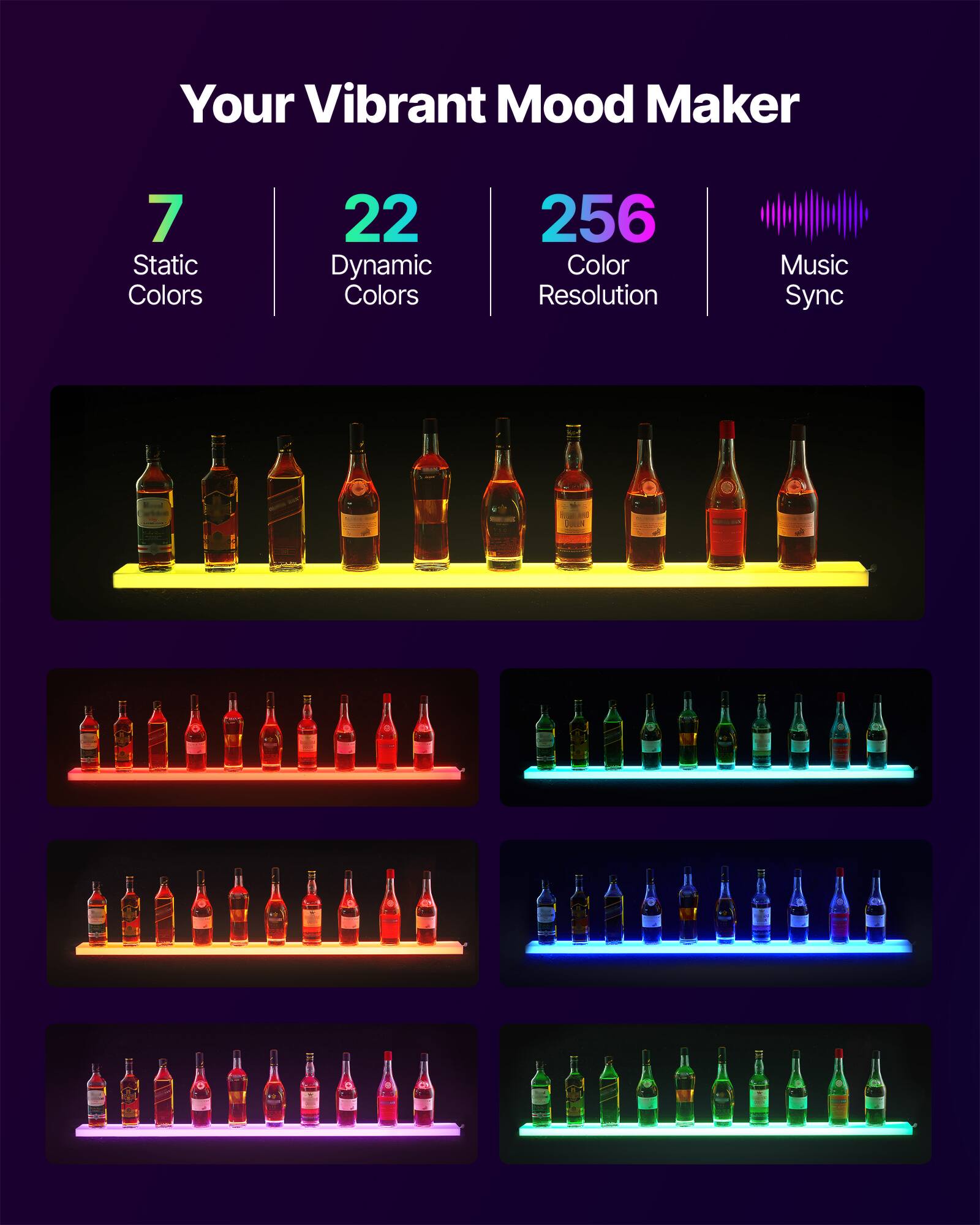 Your Vibrant Mood Maker

- 7 Static Colors
- 22 Dynamic Colors
- 256 Color Resolution
- Music Sync